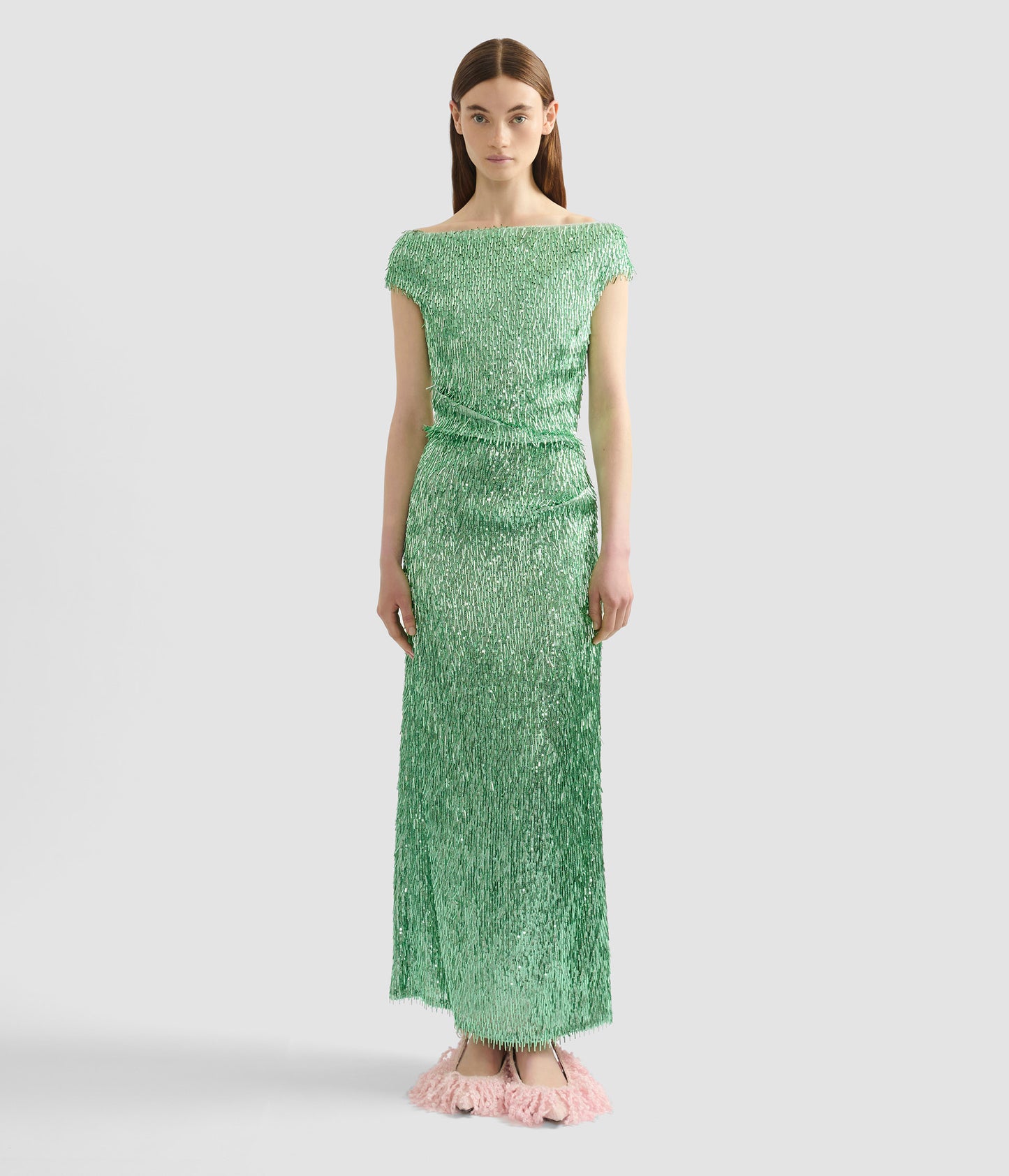 Bugle Sequin Off-The-Shoulder Midi Dress