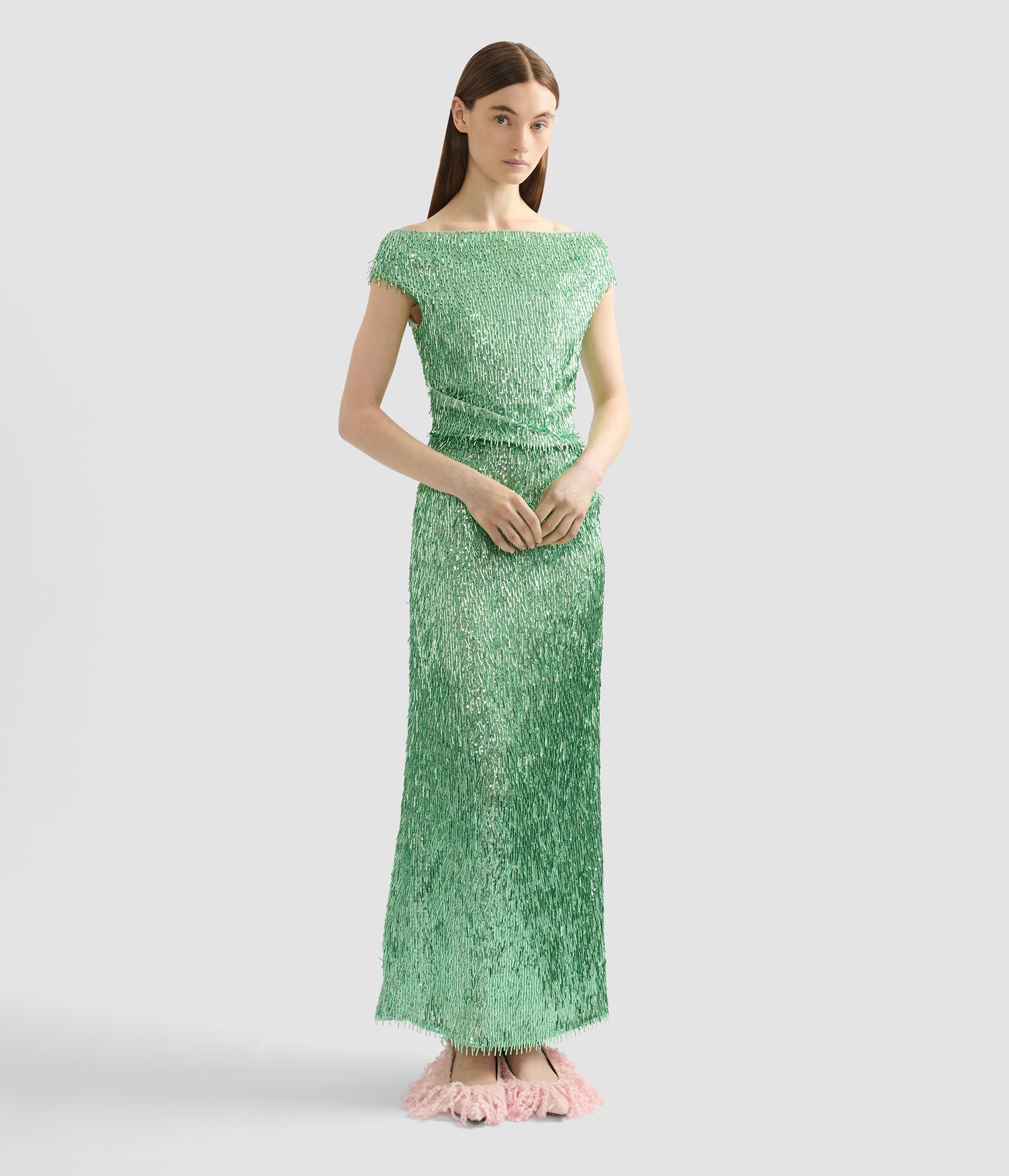 Bugle Sequin Off-The-Shoulder Midi Dress
