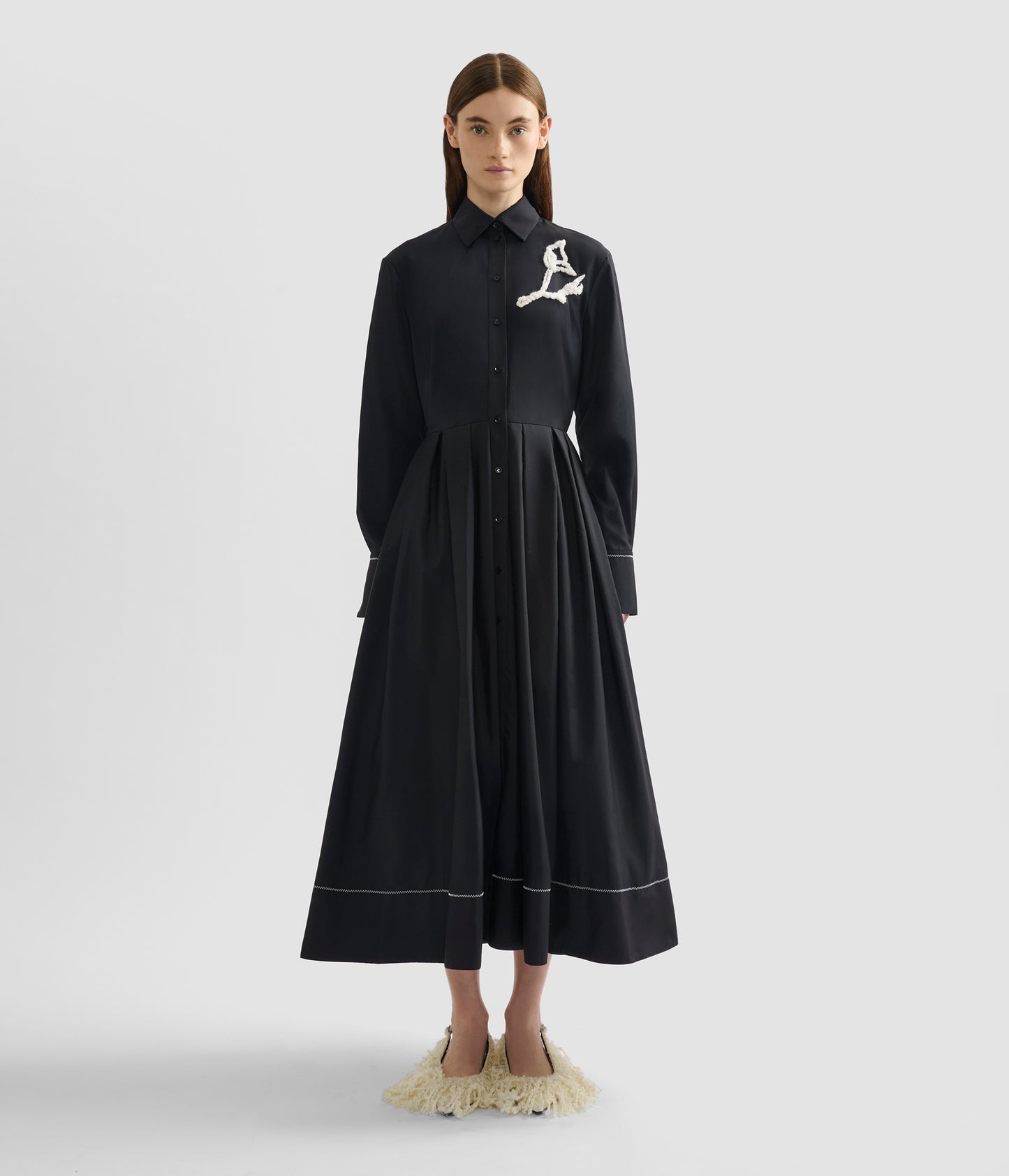 Embroidered Pleated Shirt Dress