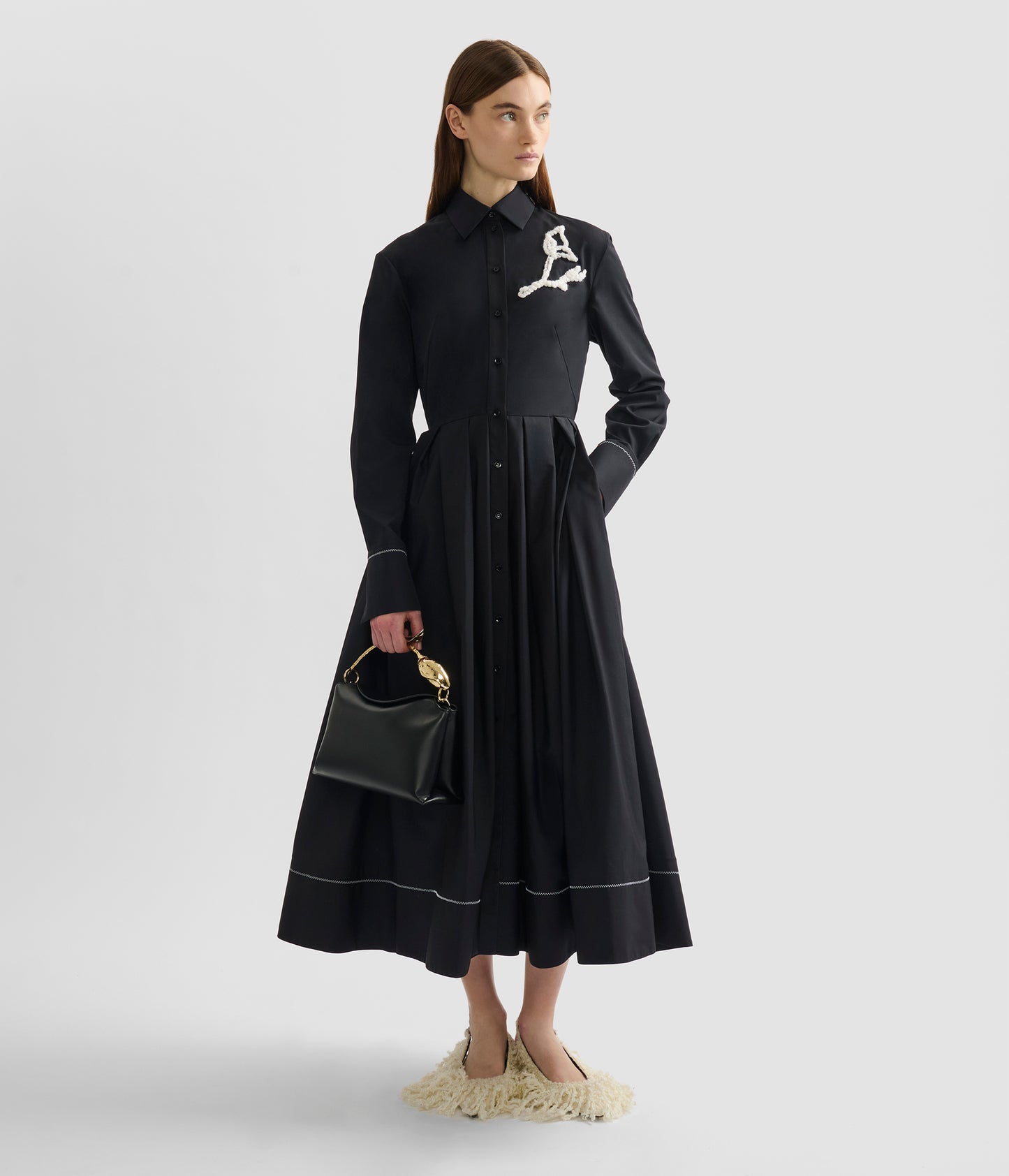 Embroidered Pleated Shirt Dress