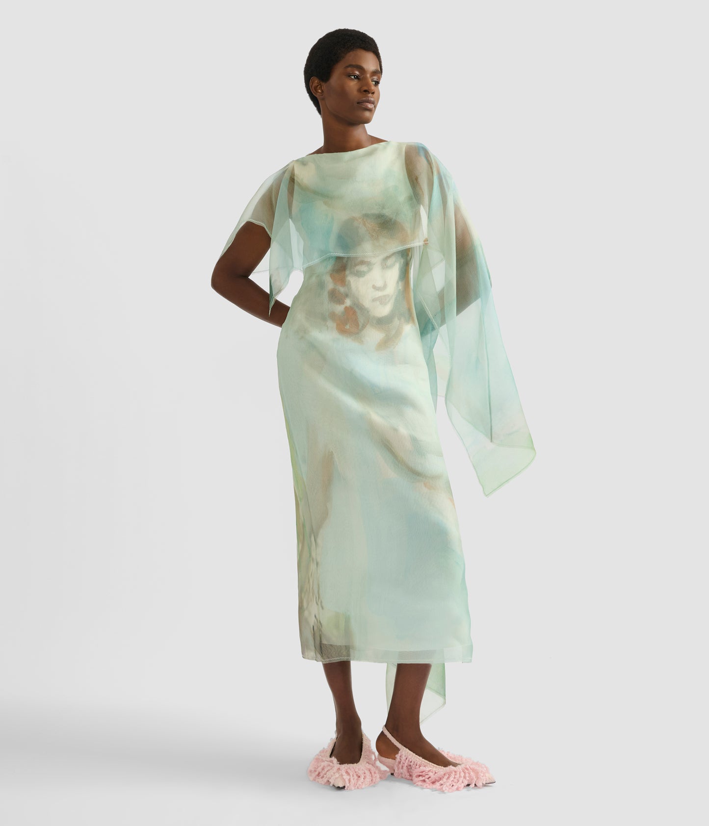 Draped Organza Asymmetric Midi Dress