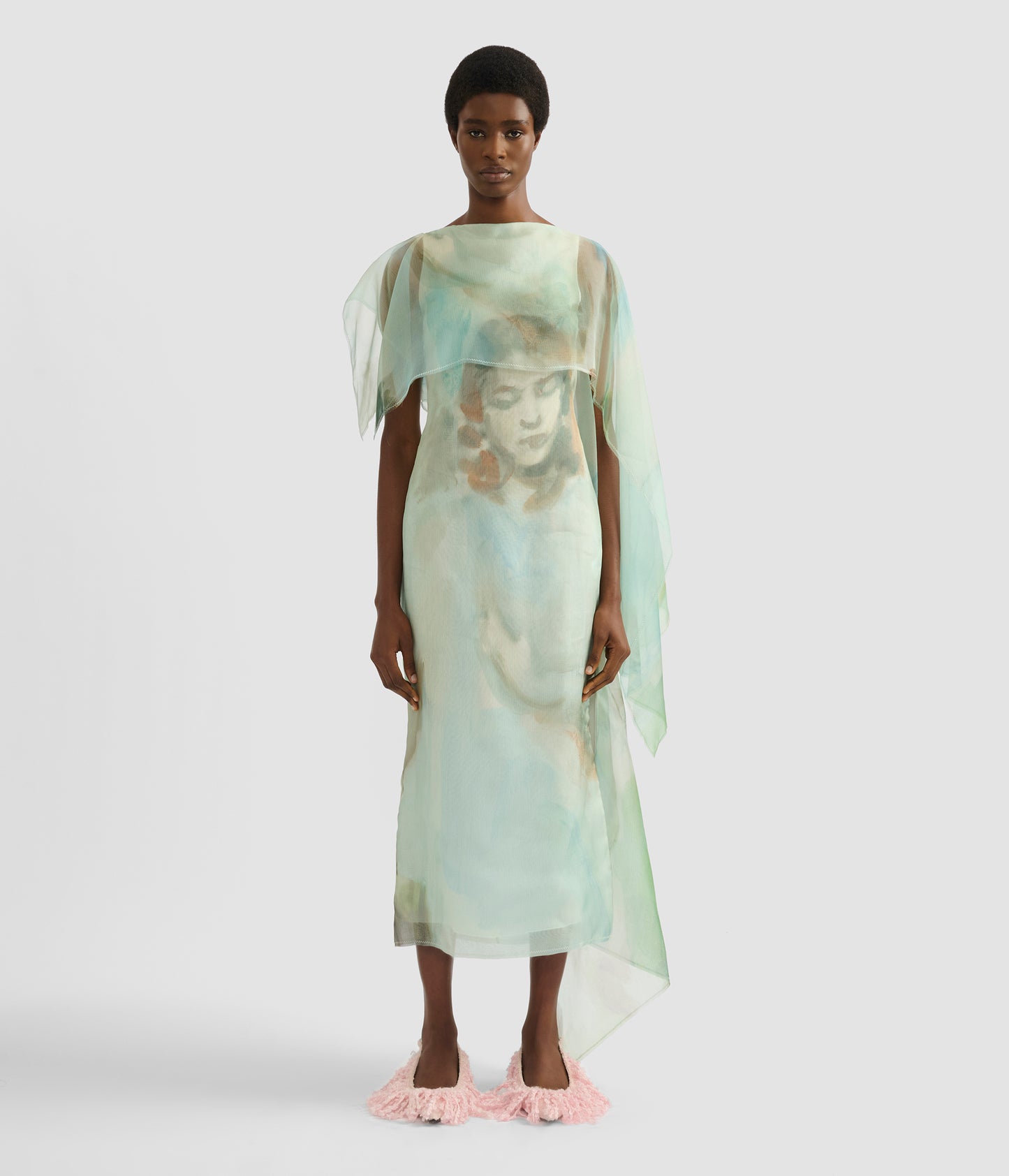 Draped Organza Asymmetric Midi Dress