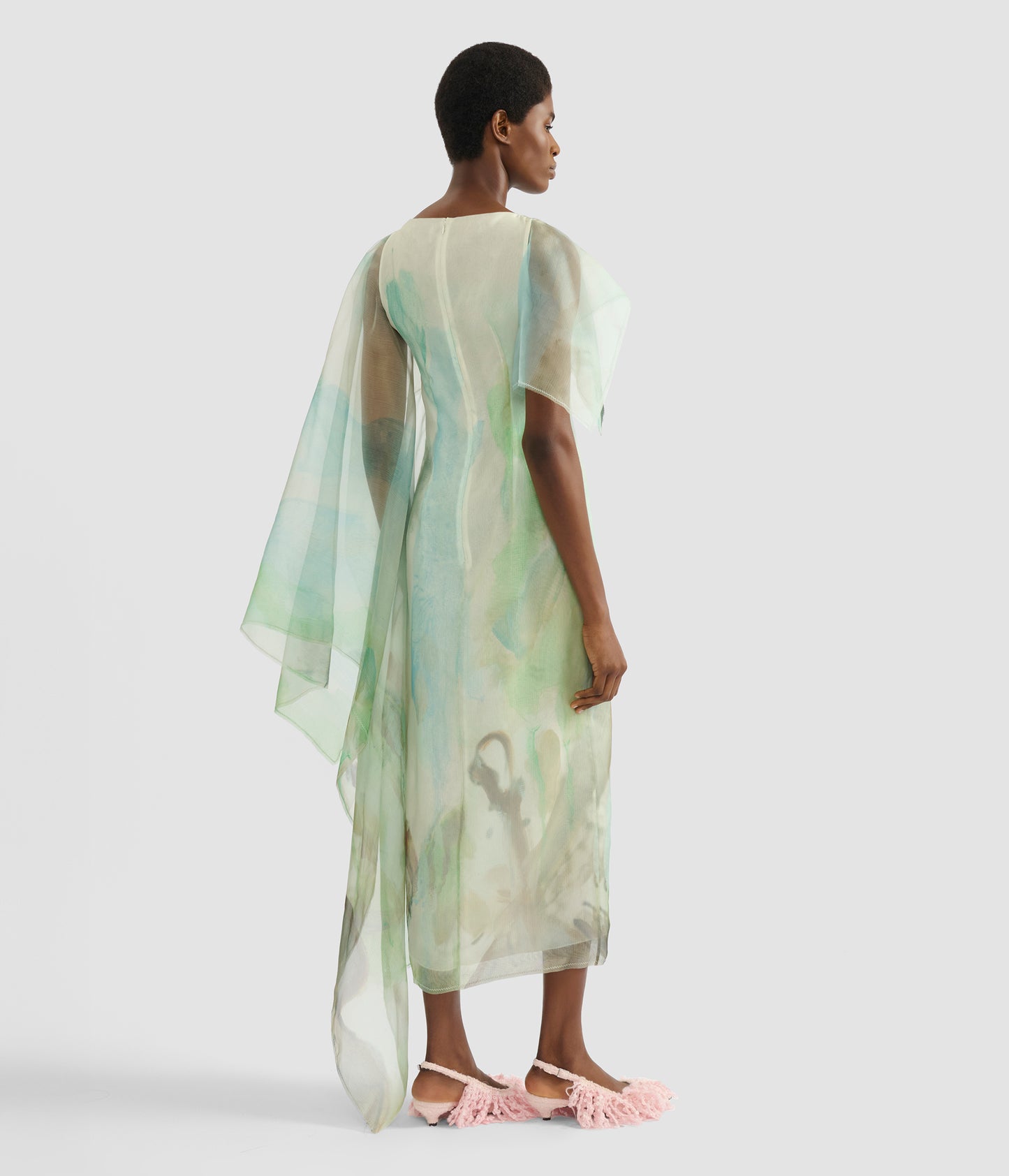 Draped Organza Asymmetric Midi Dress