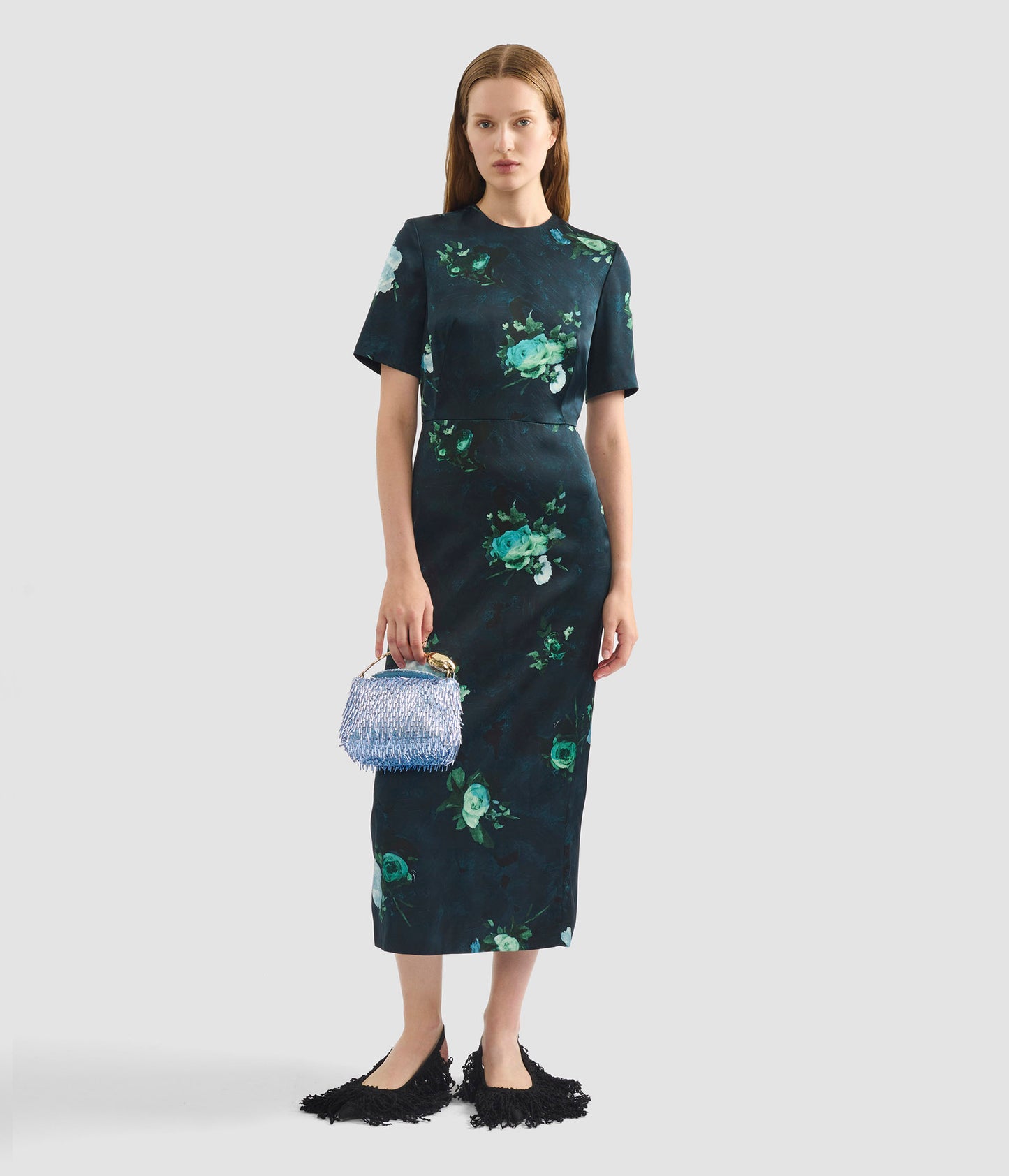 Floral Print Duchesse Satin Midi Dress