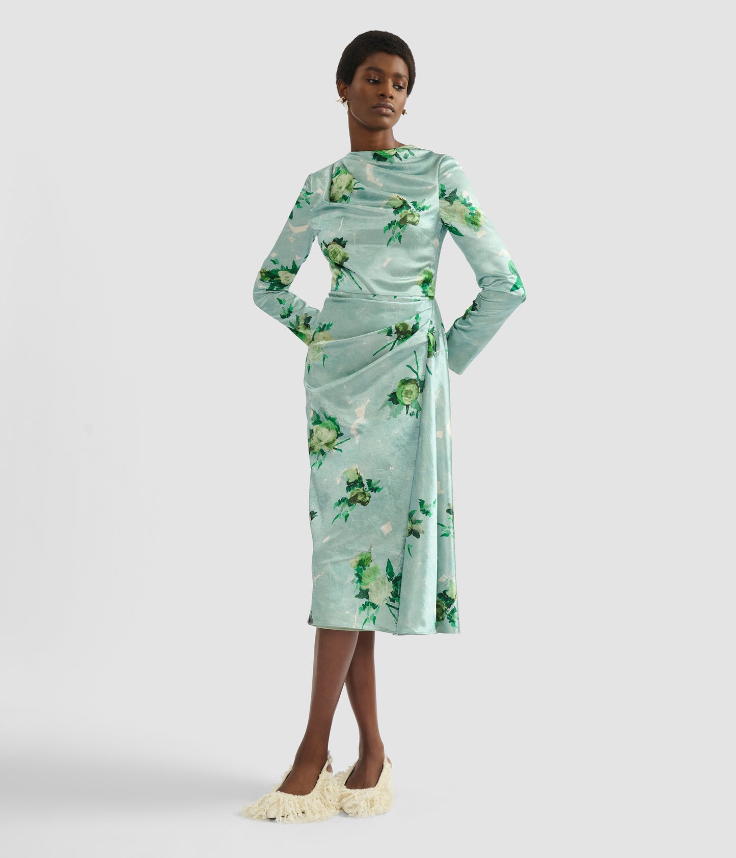 Floral Print Crushed Satin Draped Midi Dress