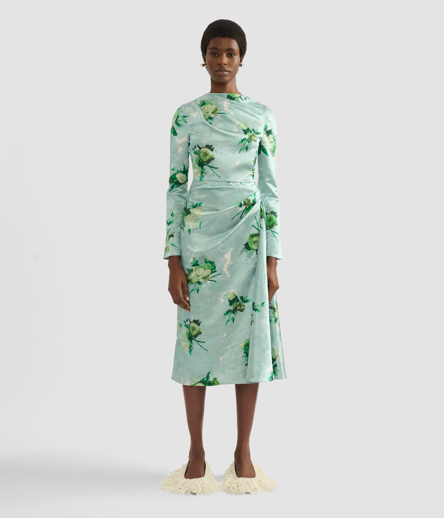 Floral Print Crushed Satin Draped Midi Dress