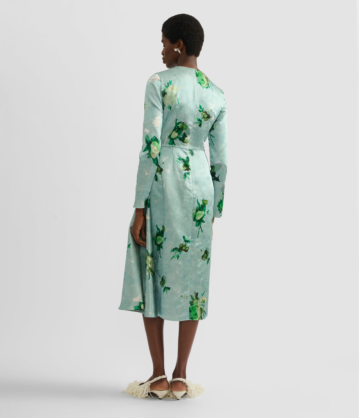 Floral Print Crushed Satin Draped Midi Dress