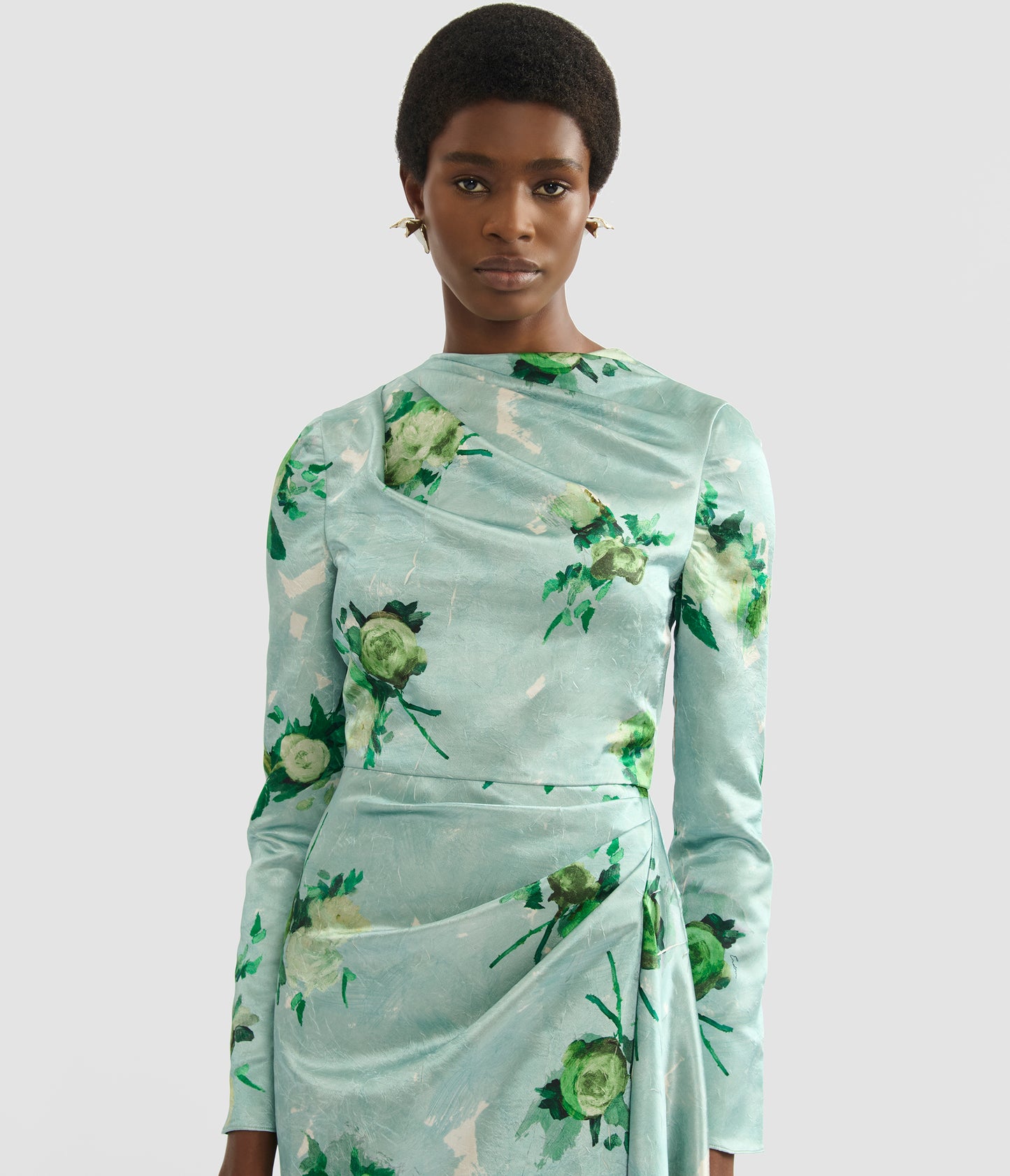 Floral Print Crushed Satin Draped Midi Dress