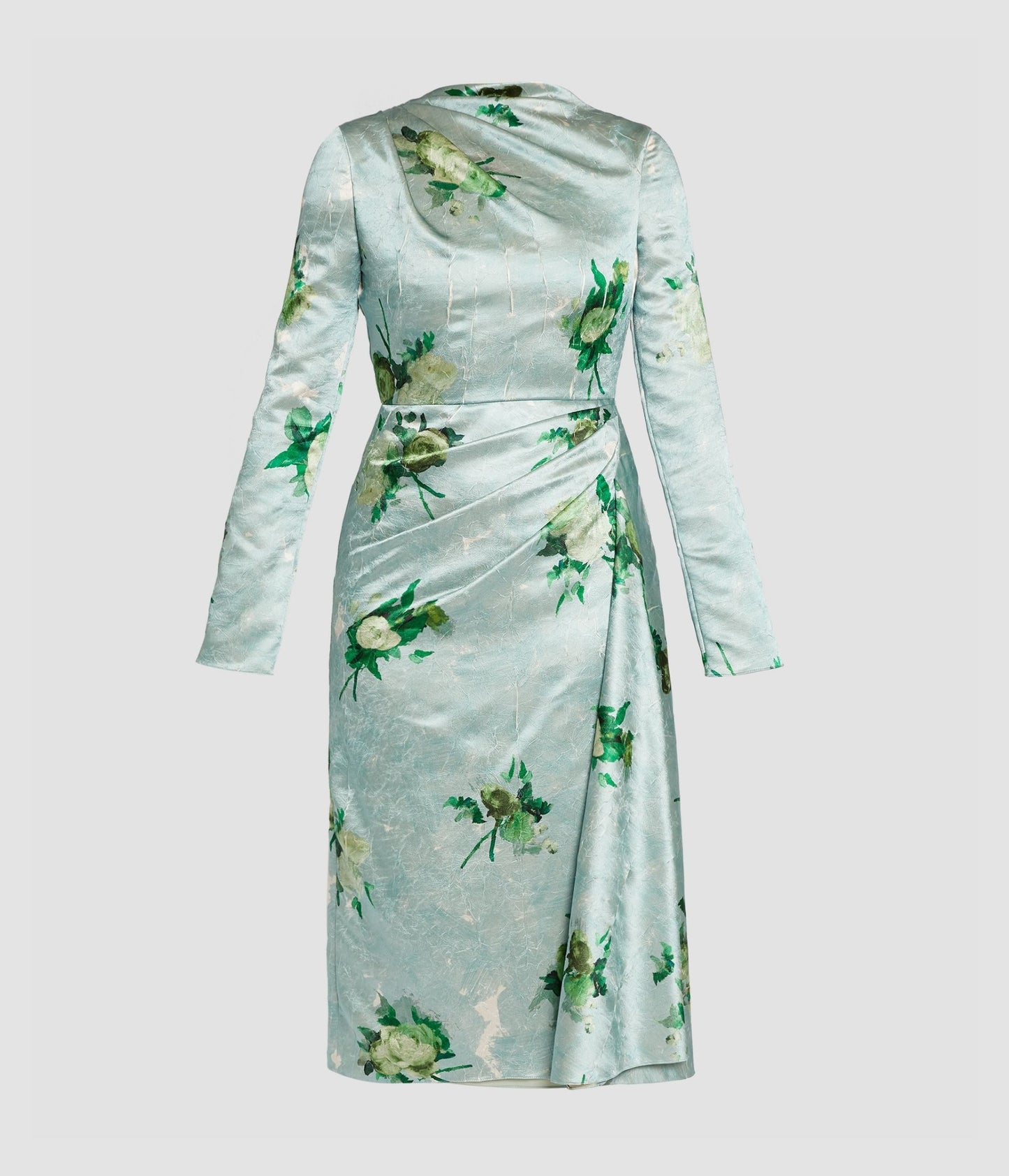 Floral Print Crushed Satin Draped Midi Dress