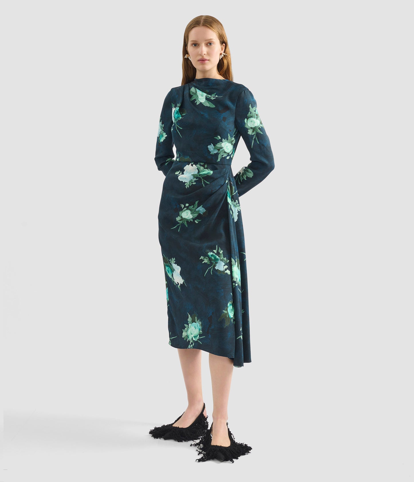 Long Sleeve Draped Midi Dress
