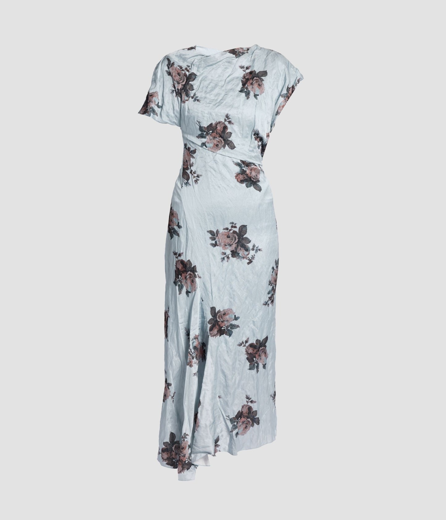 Floral Crushed Satin Asymmetric Midi Dress