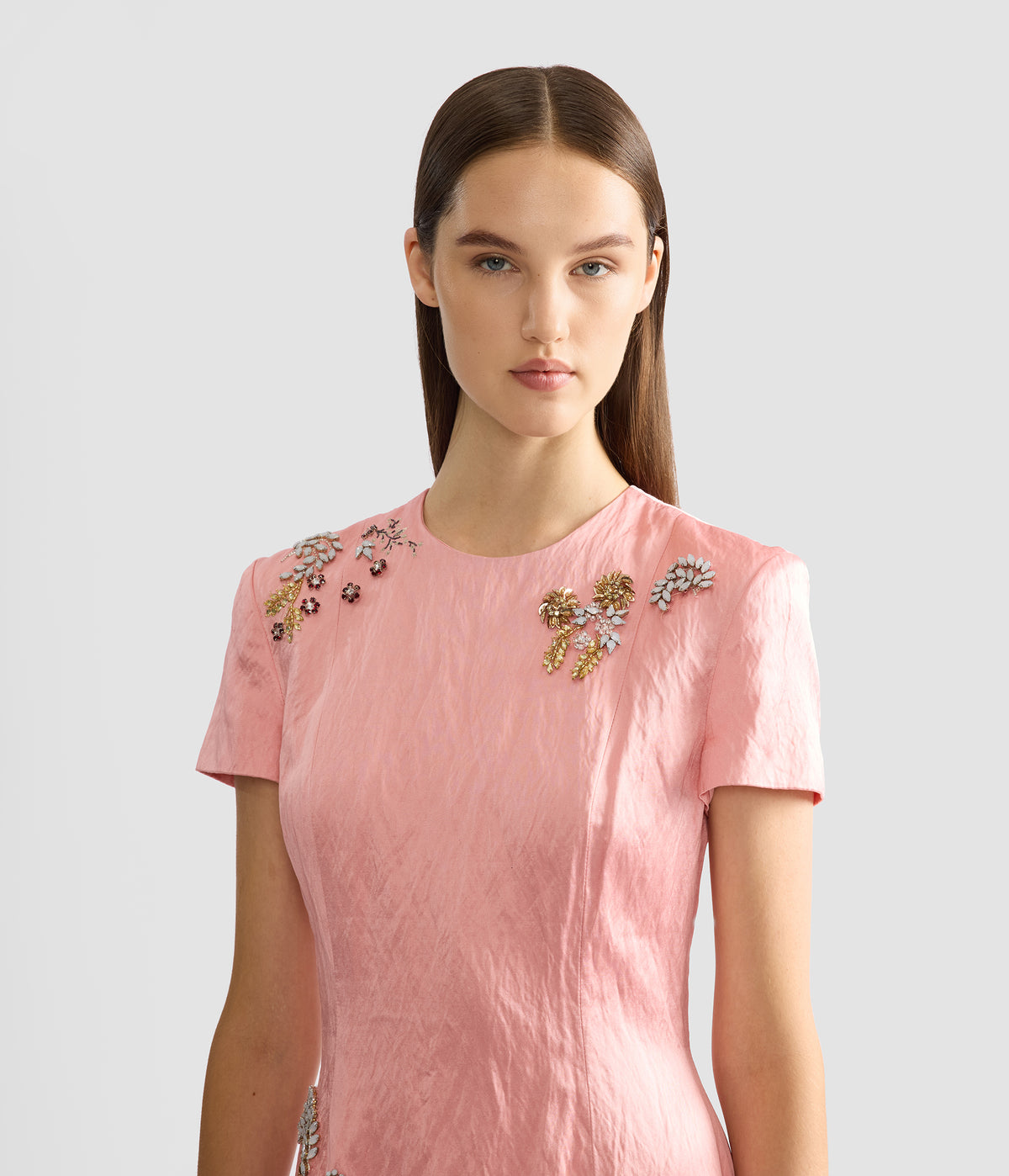 Emroidered Textured Satin Short Sleeve Midi Dress