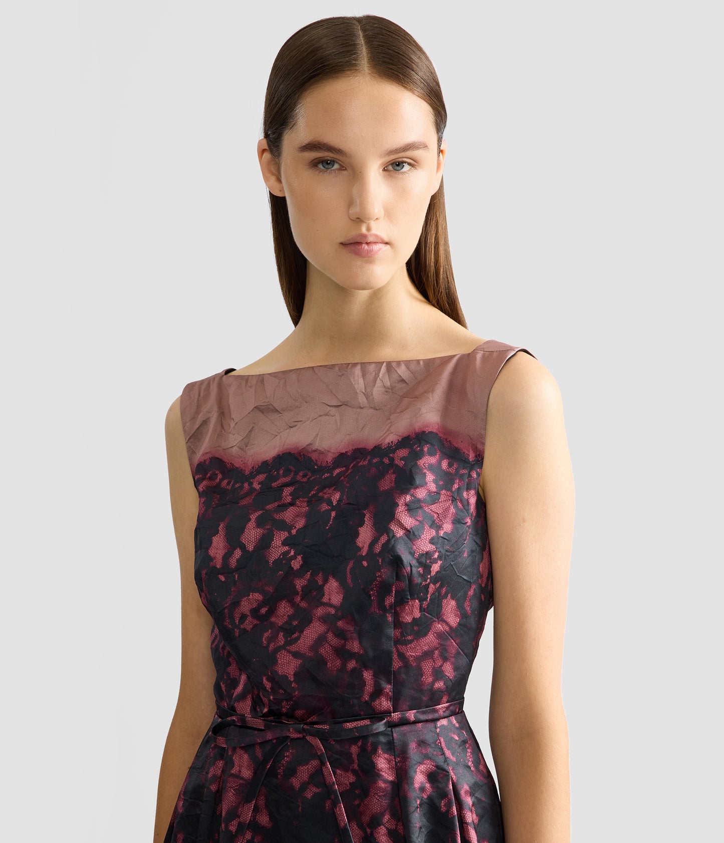 Printed Textured Satin Sleeveless Midi Dress