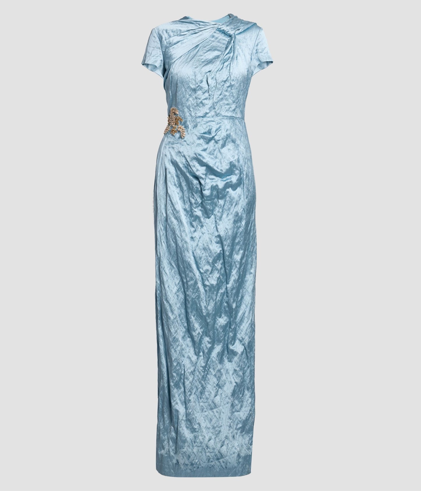 Embroidered Textured Satin Short Sleeve Draped Gown