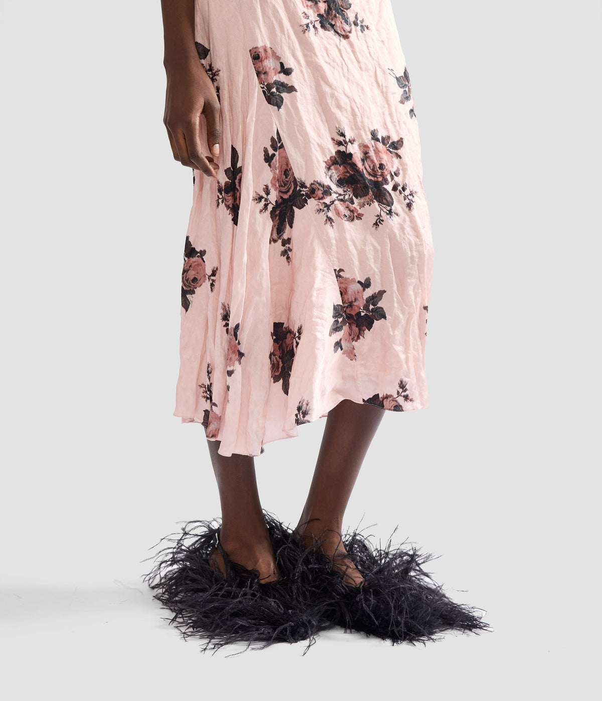 Floral Crushed Satin Draped Midi Skirt