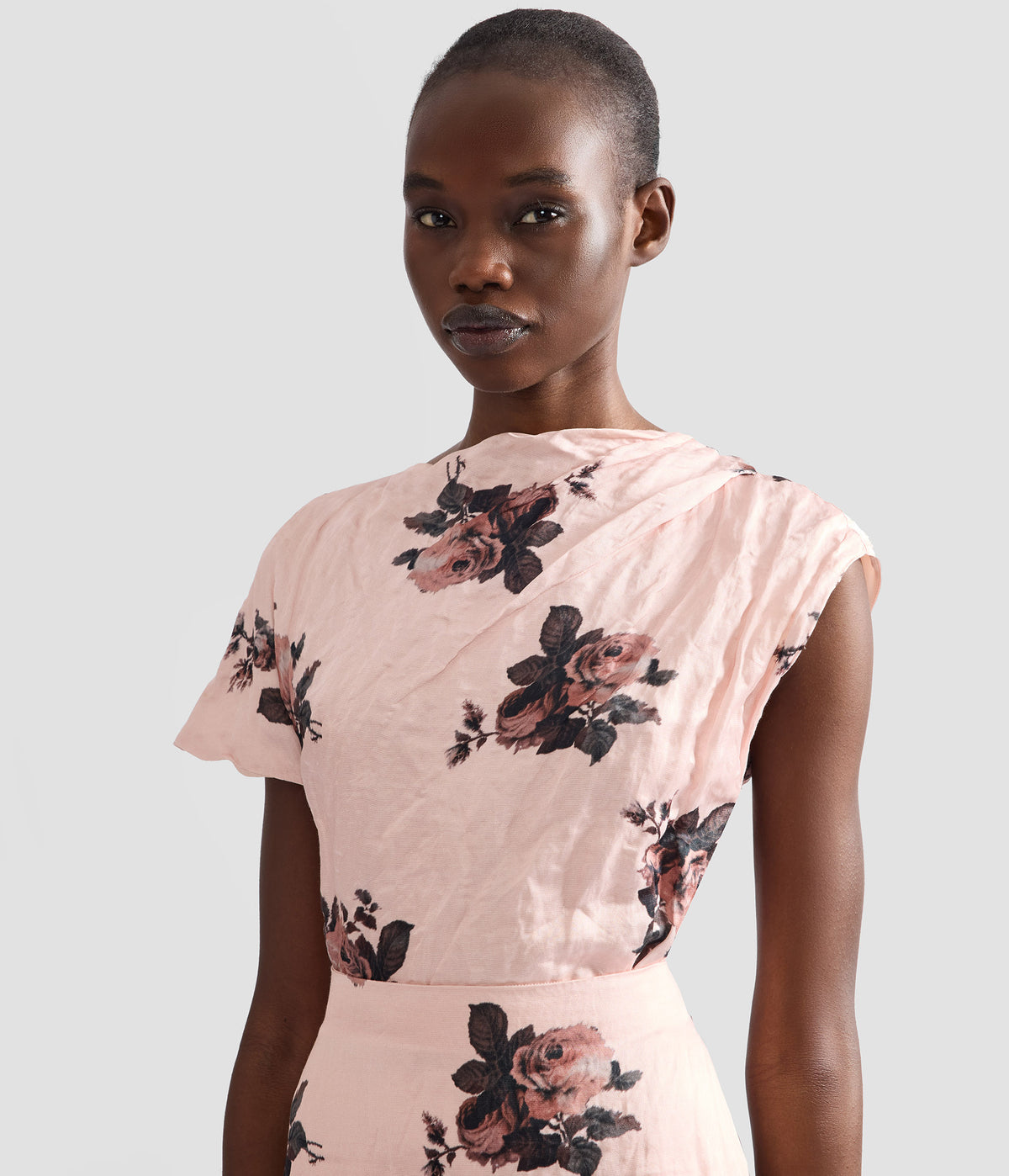 Floral Crushed Satin Short Sleeve Draped Top