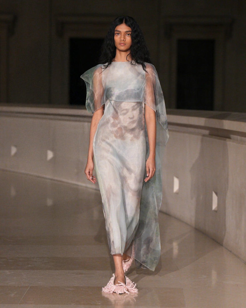 Draped Organza Asymmetric Midi Dress