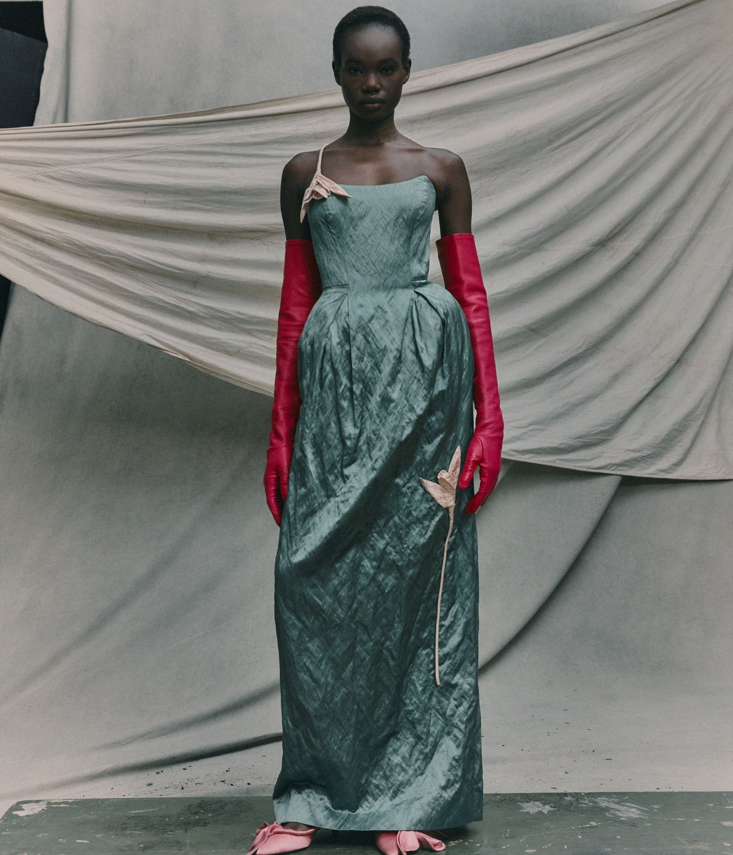 Embroidered Textured Satin Sleeveless Gown