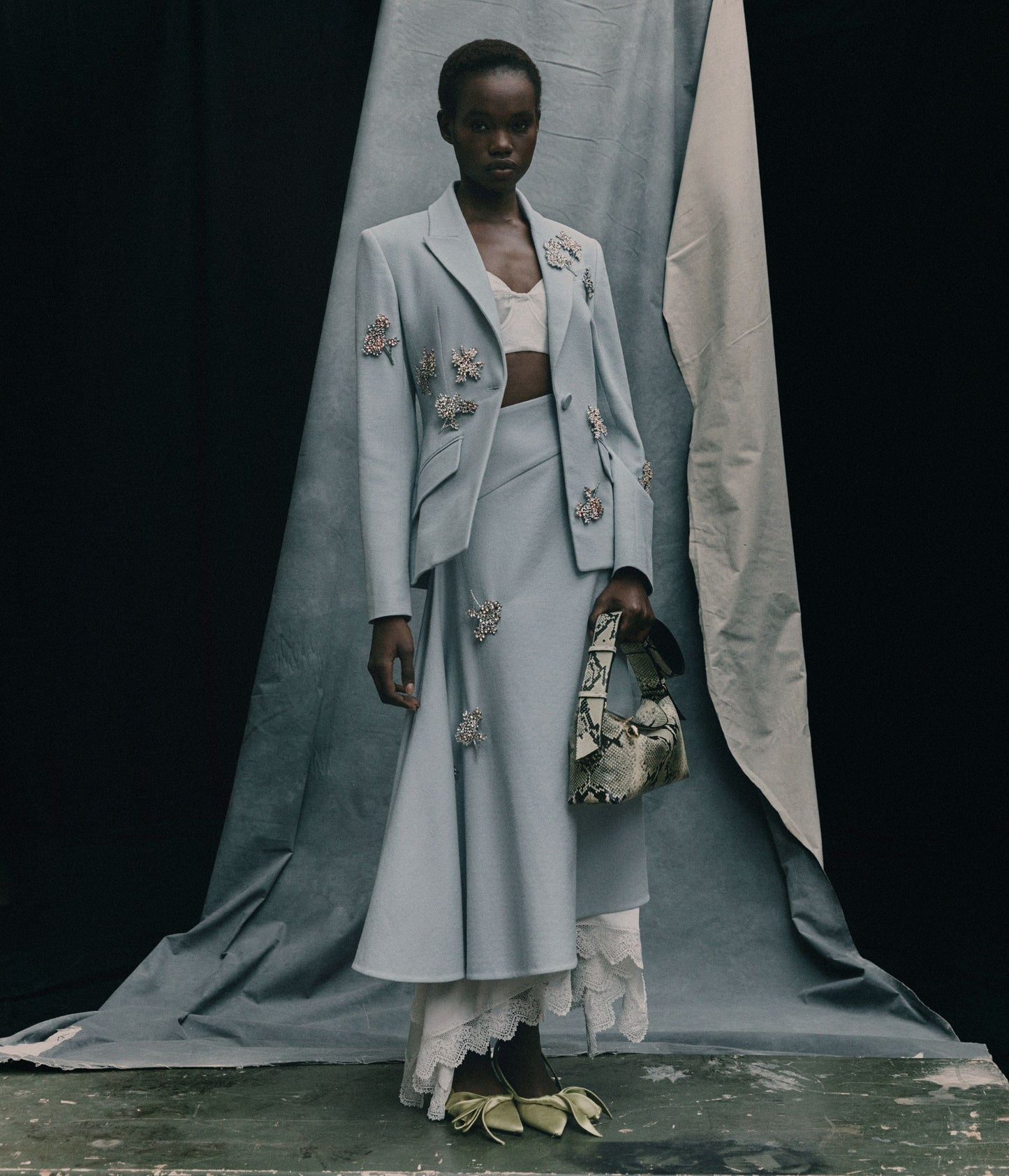 Embellished Crepe Draped Midi Skirt