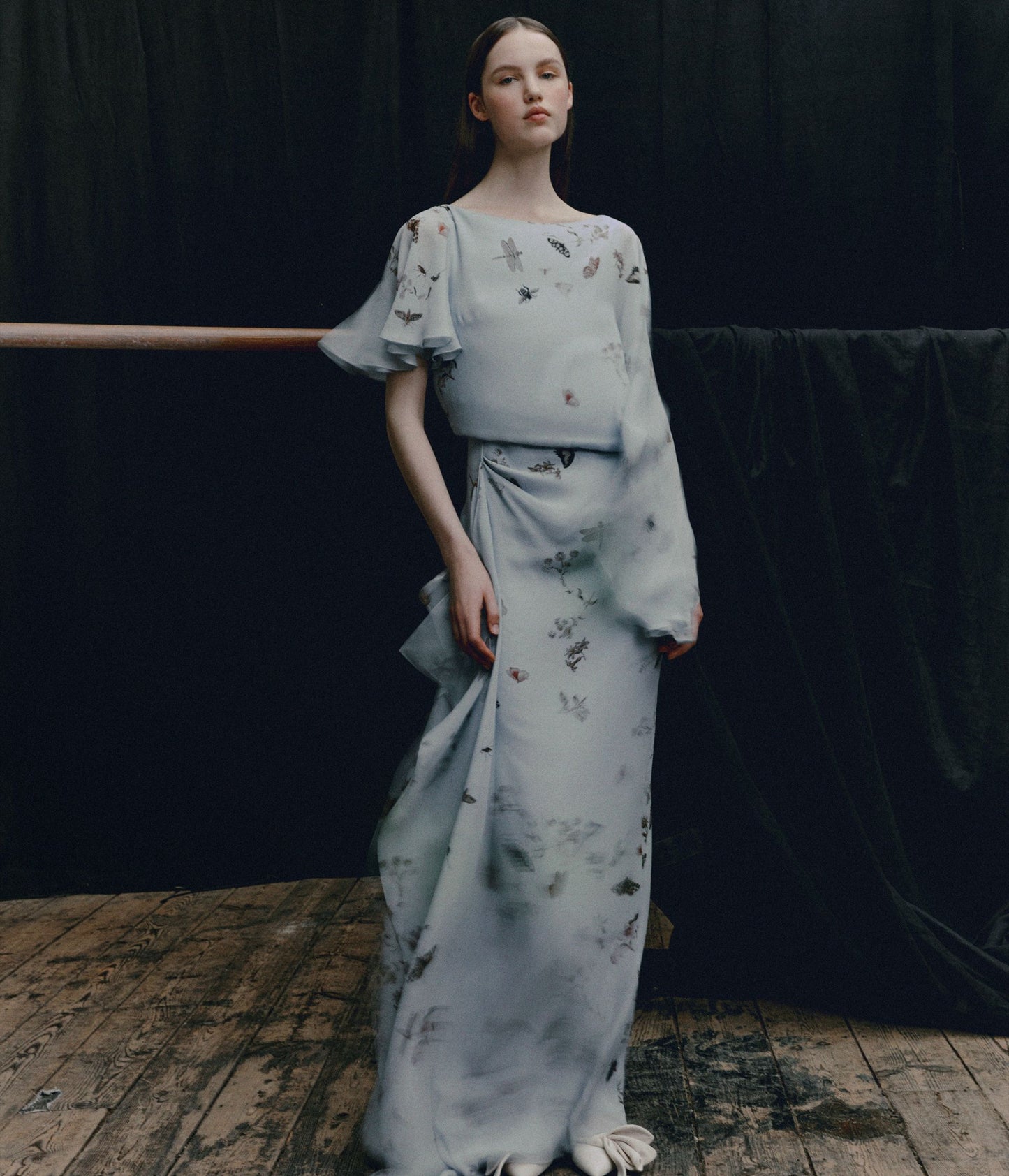 Printed Silk Voile Short Sleeve Gown