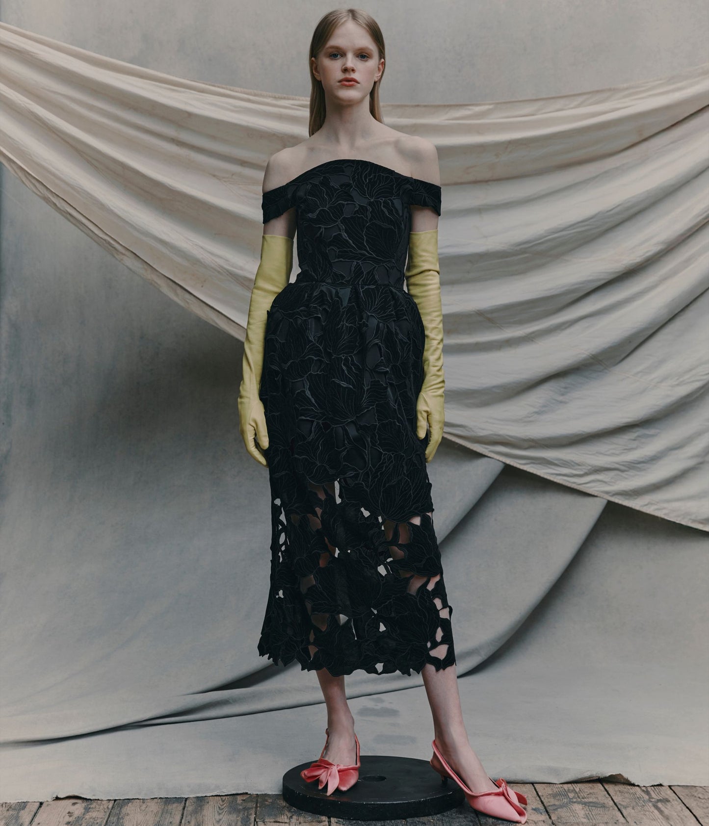 Floral Cutwork Off-The-Shoulder Midi Dress