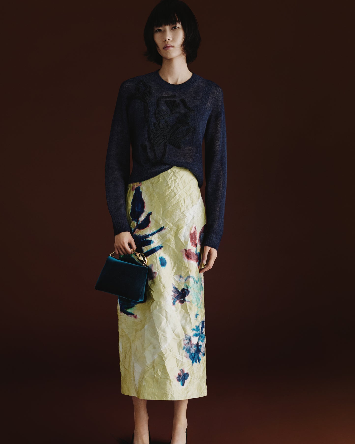 Floral Print Textured Satin Pencil Skirt