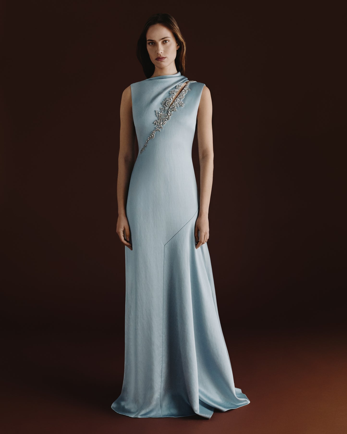 Embellished Satin Sleeveless Gown