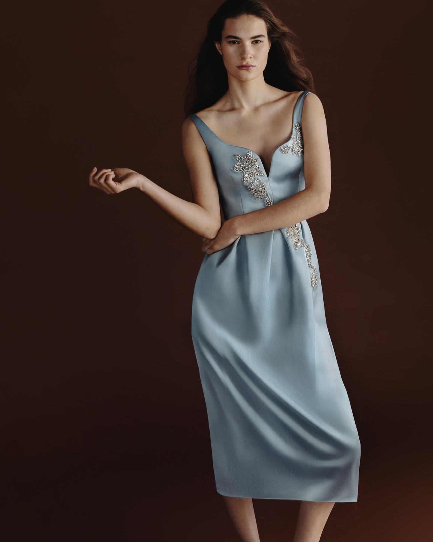 Embellished Satin Pleated Midi Dress