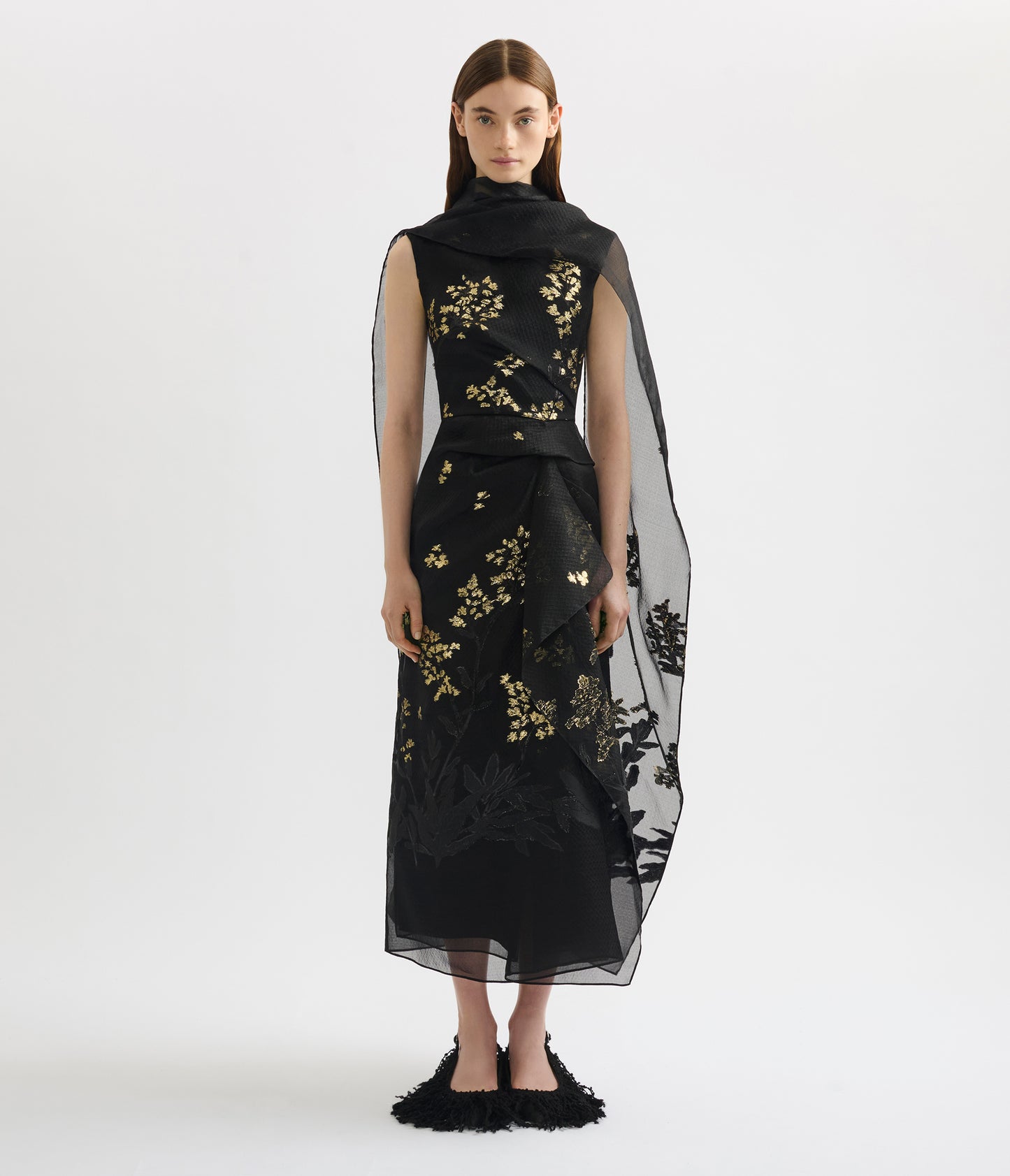 Organza Fil Coupé Draped Midi Dress