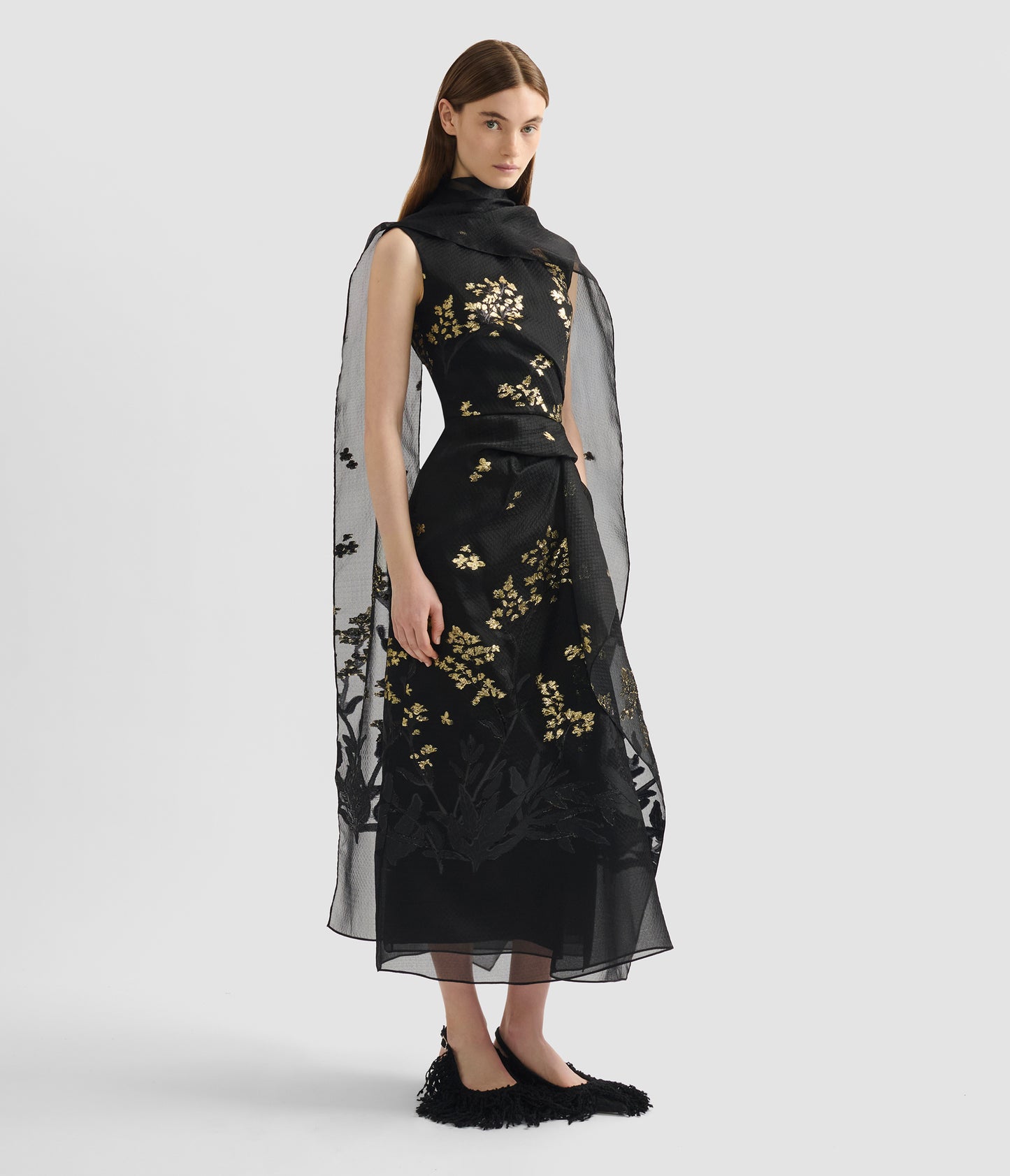 Organza Fil Coupé Draped Midi Dress
