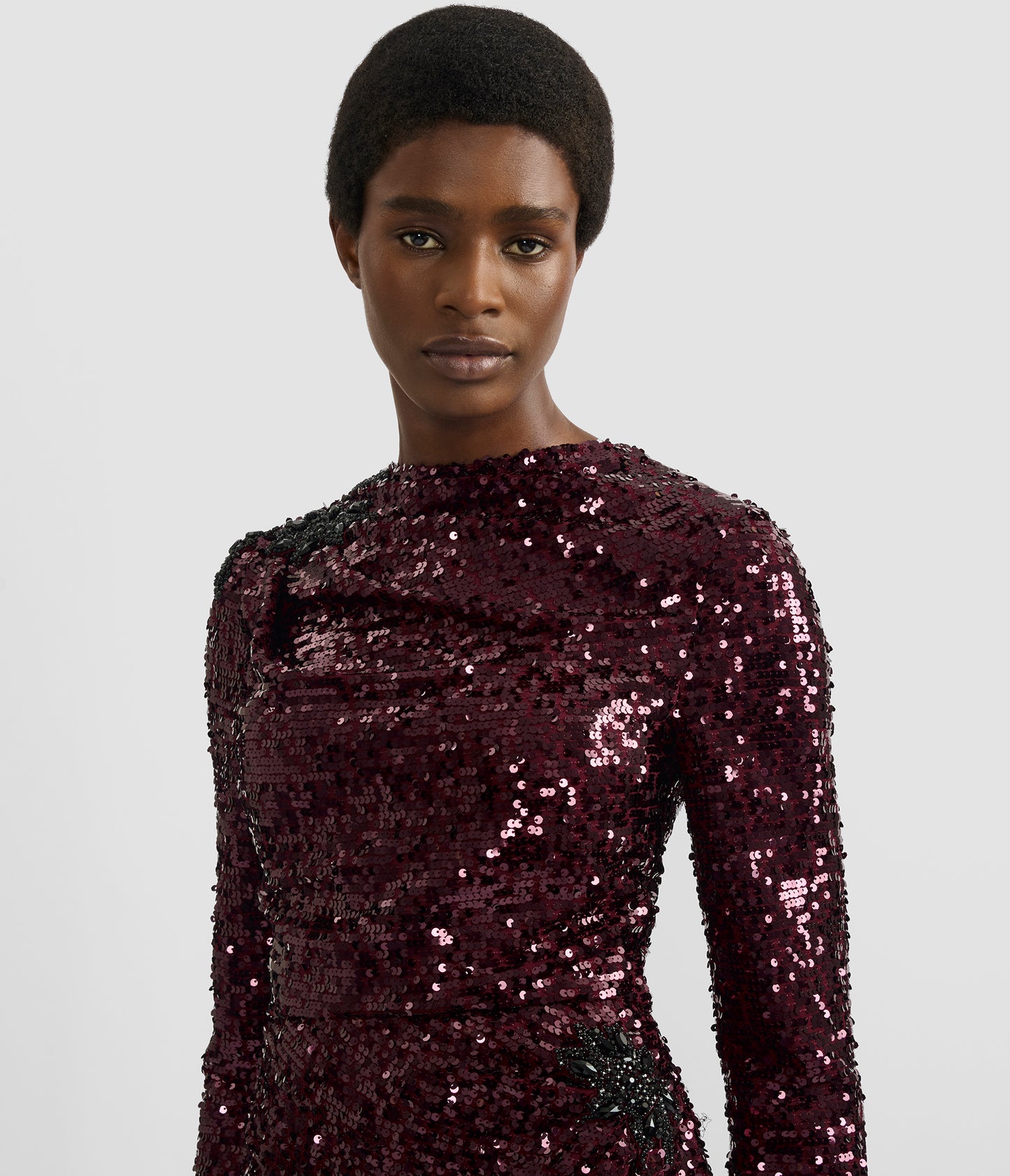 Embellished Sequin Long Sleeve Gown