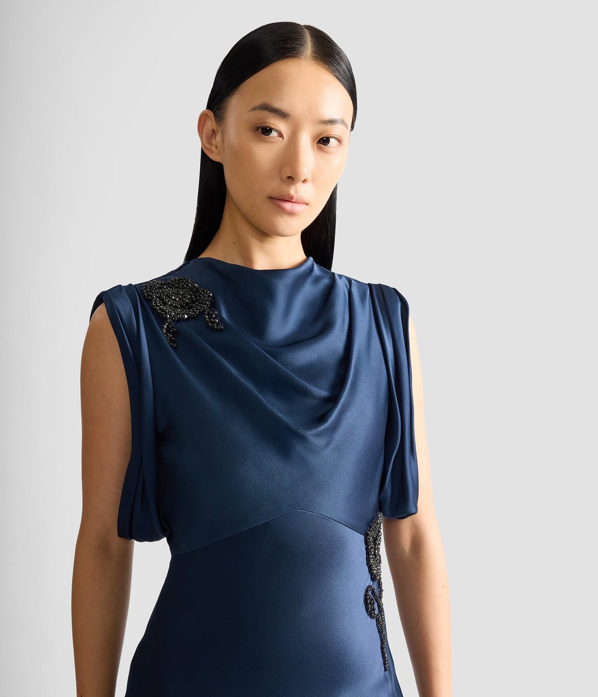 Embellished Satin Draped Gown