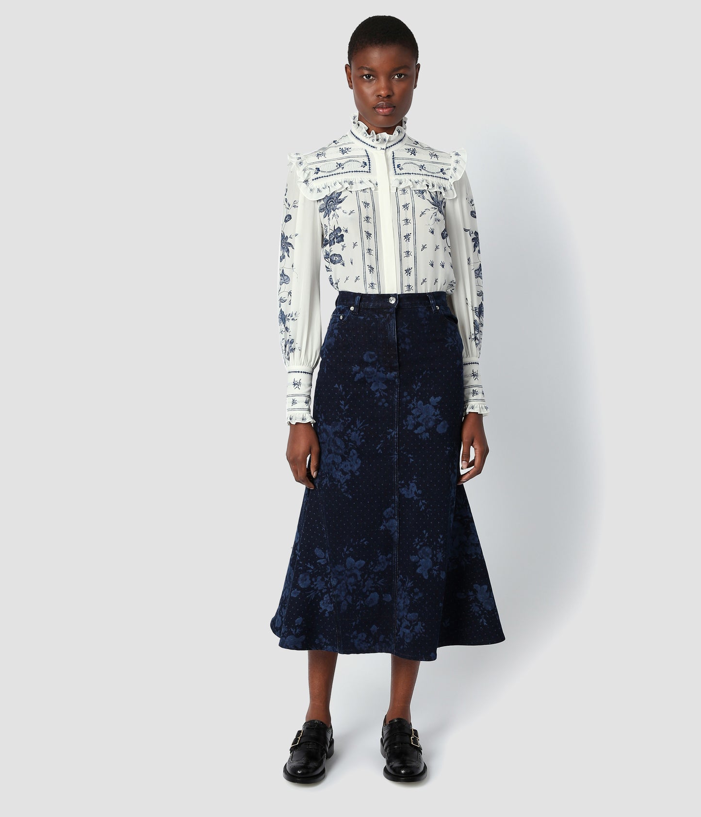 Denim Long Flared Skirt With Pockets