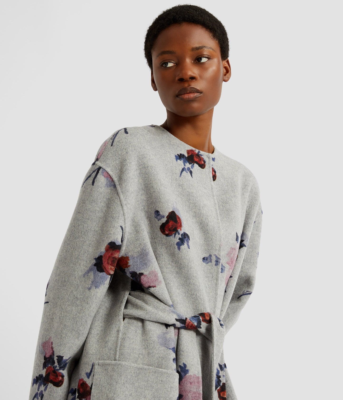 Floral Print Double Faced Wool Belted Coat