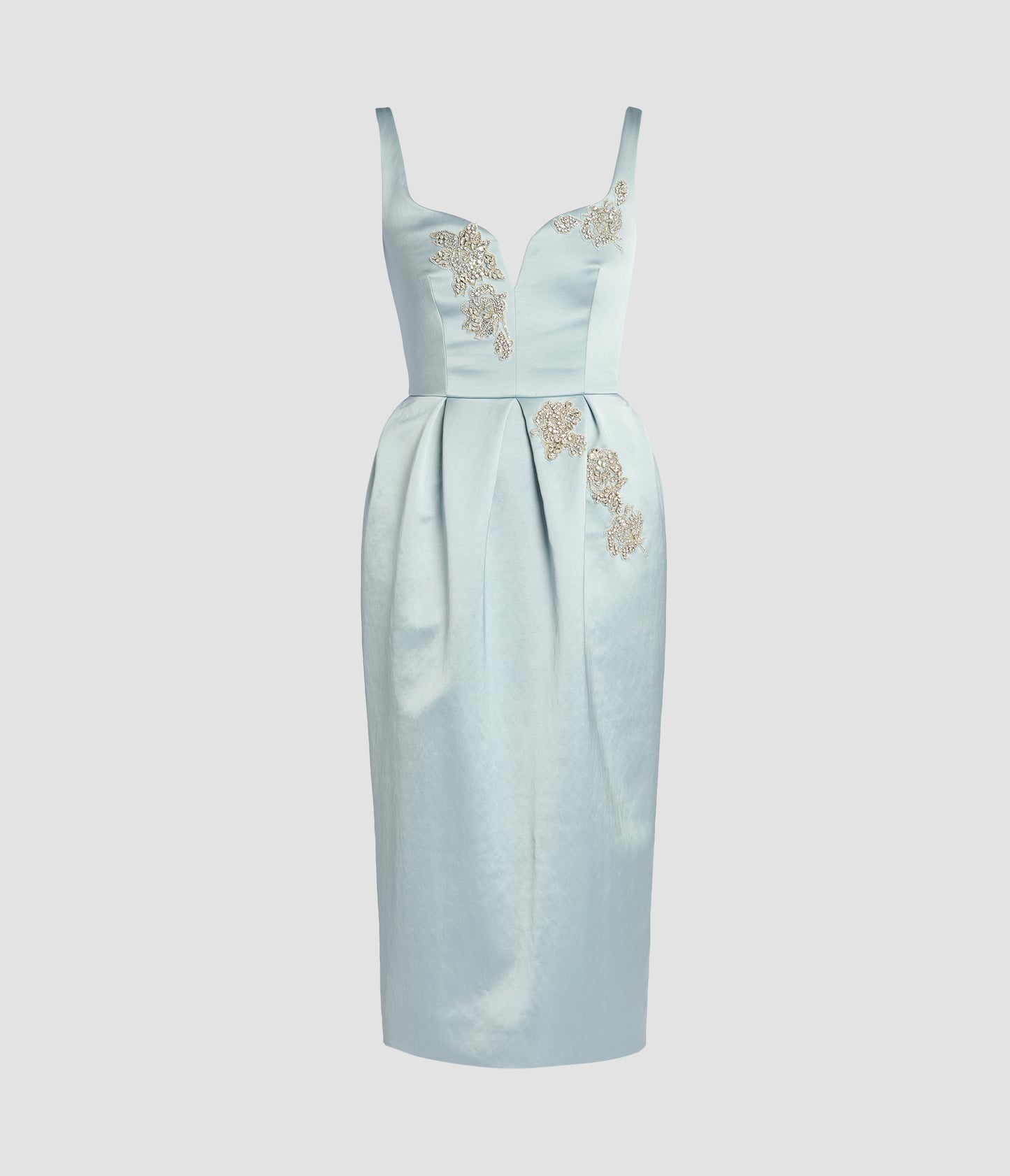 Embellished Satin Pleated Midi Dress