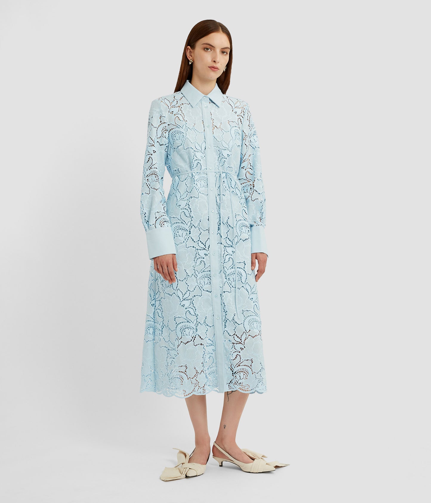 Floral Cutwork Tie-Waist Shirt Dress