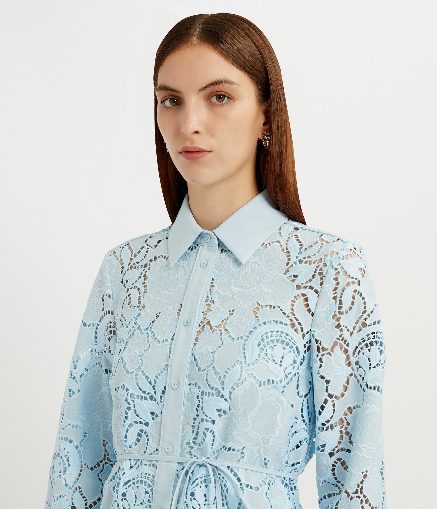 Floral Cutwork Tie-Waist Shirt Dress