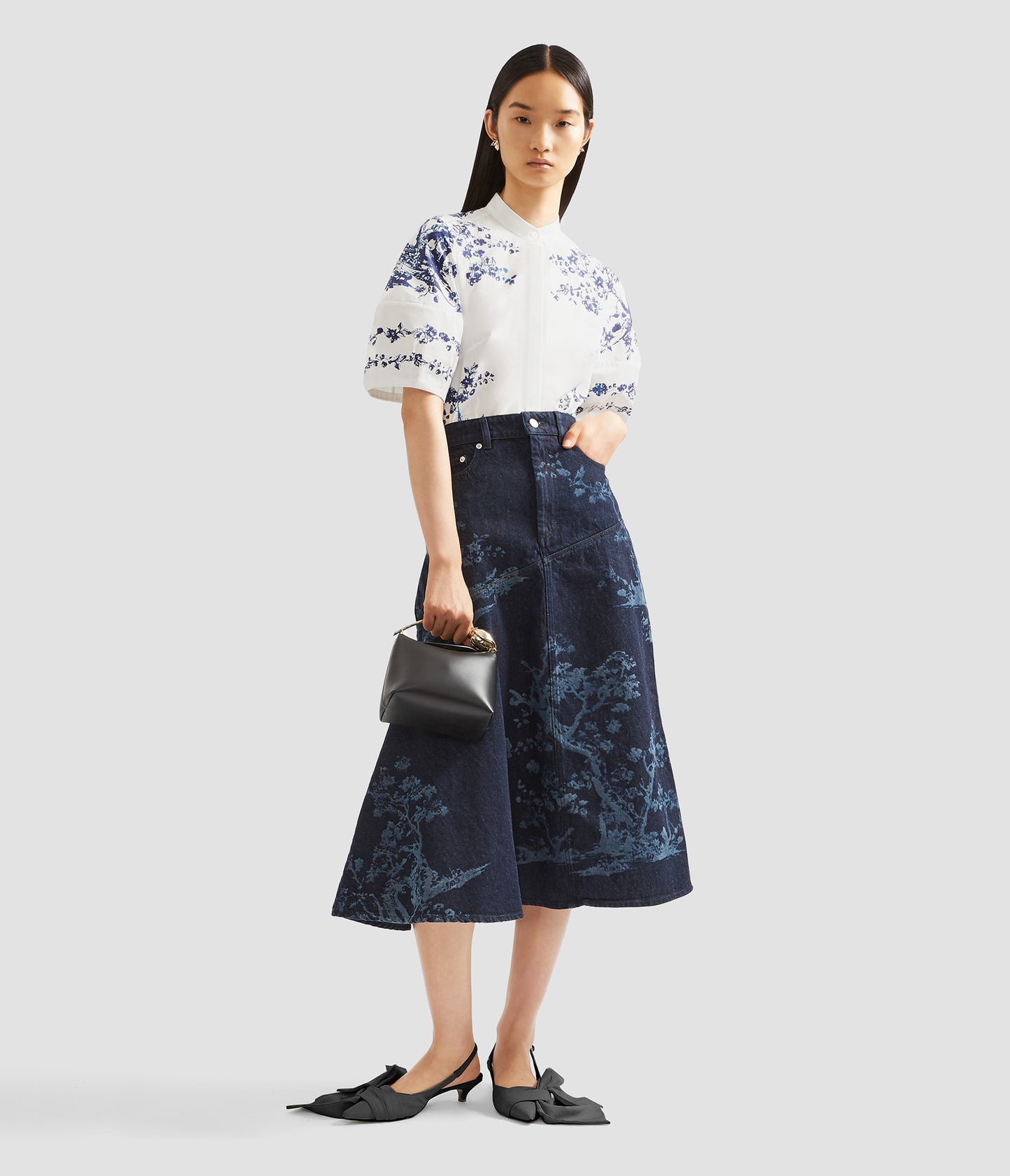 Printed Denim Asymmetric Midi Skirt