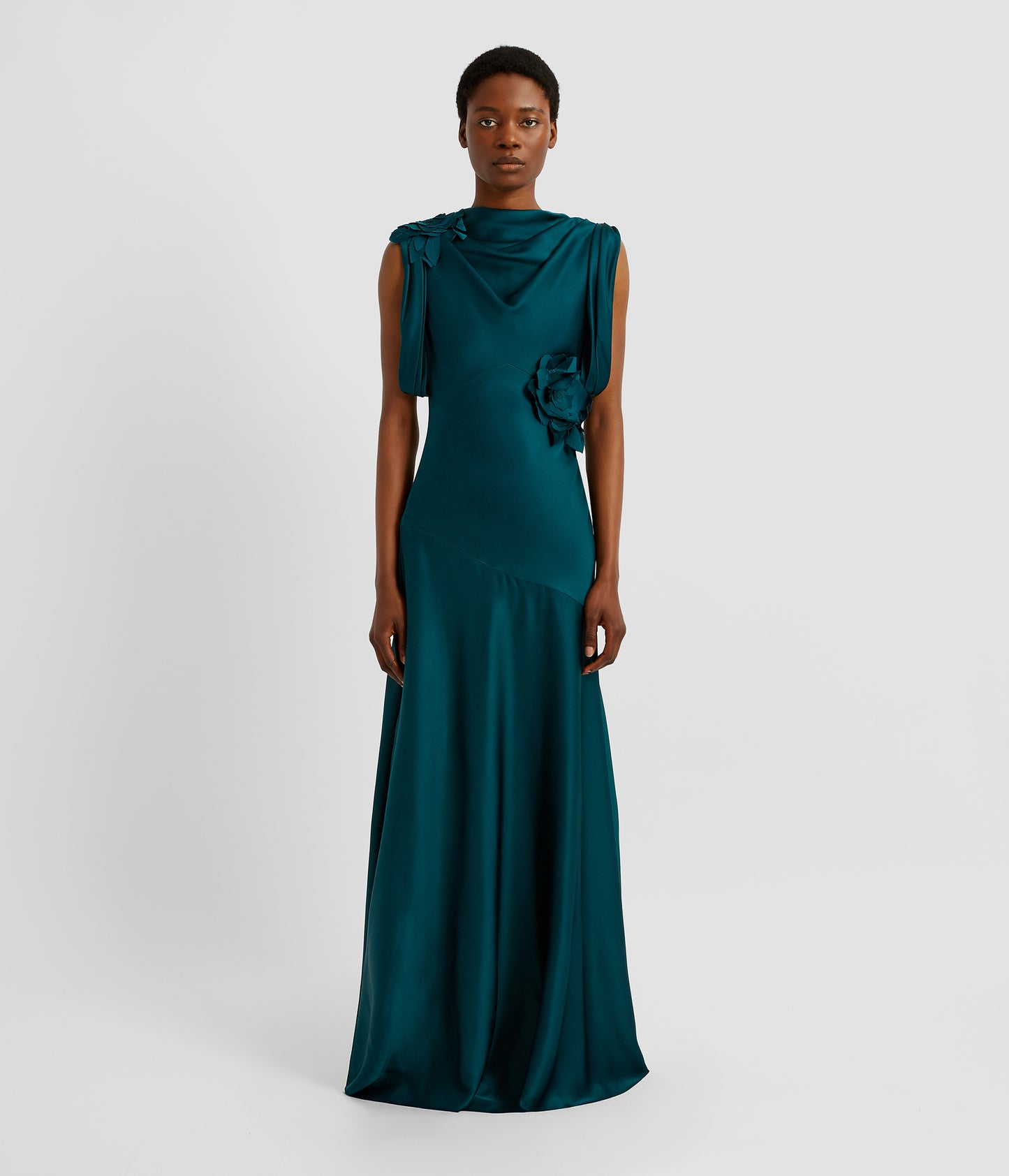 Floral Appliqué Satin Cady Draped Gown