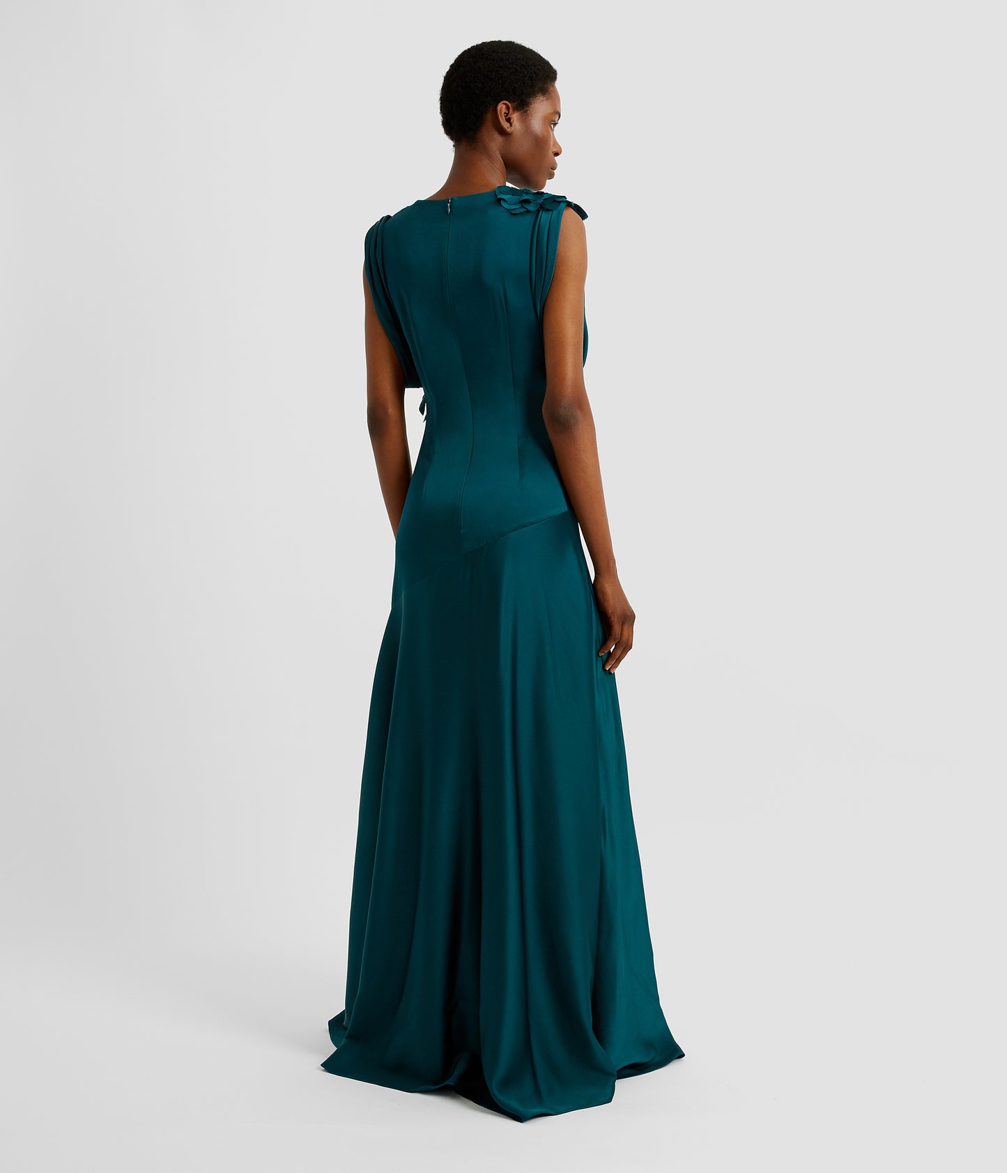 Floral Appliqué Satin Cady Draped Gown