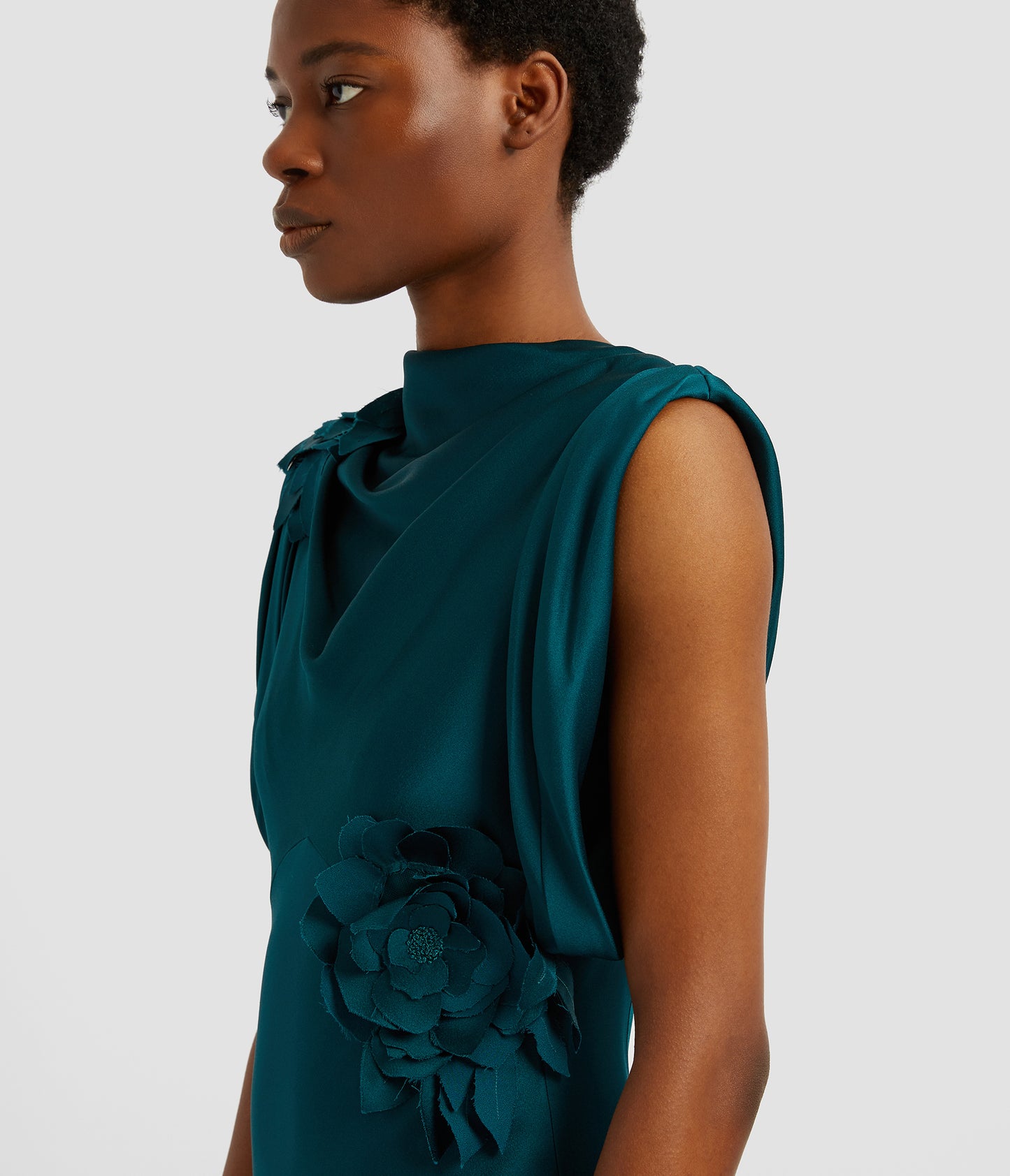 Floral Appliqué Satin Cady Draped Gown