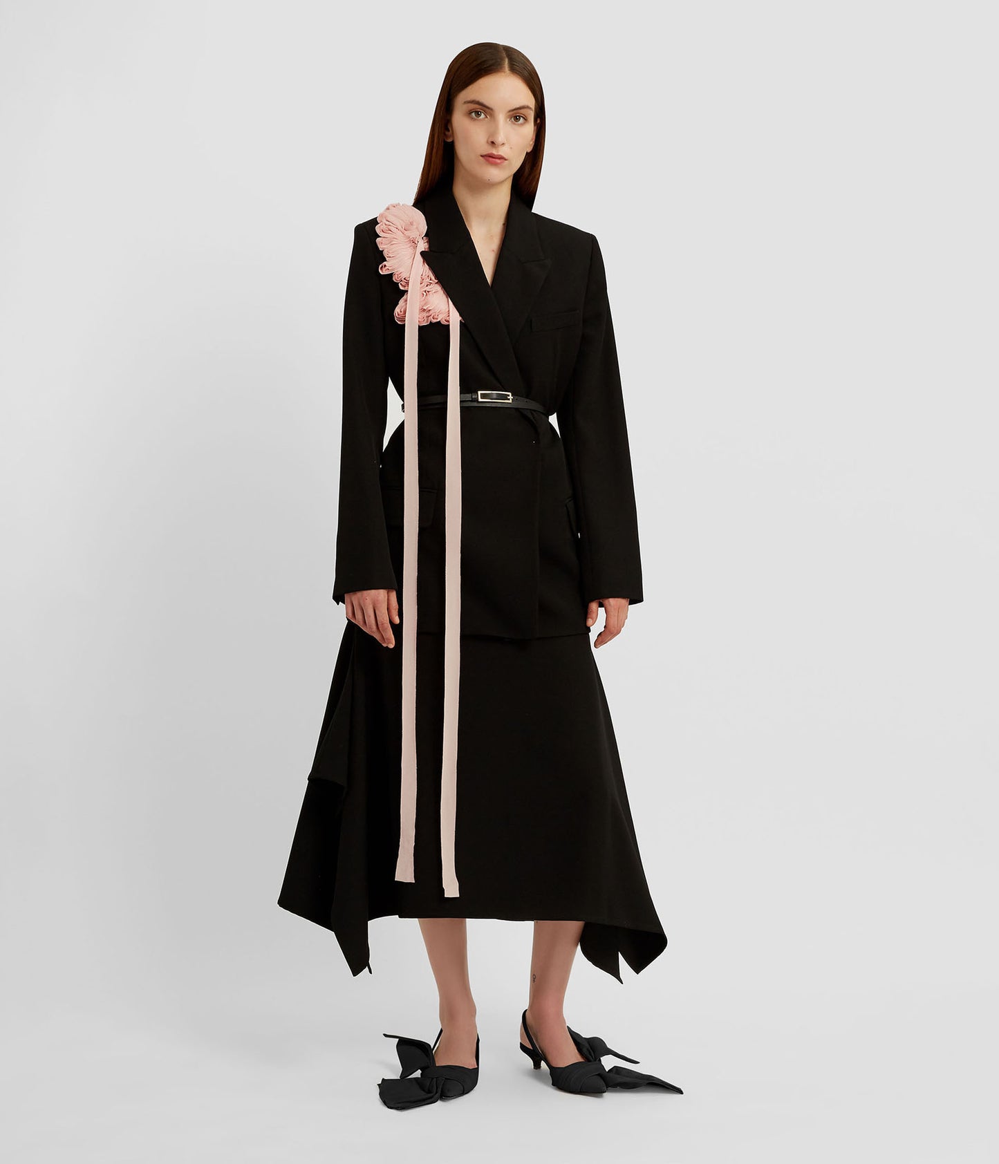 Floral Appliqué Grain De Poudre Tie-Waist Blazer