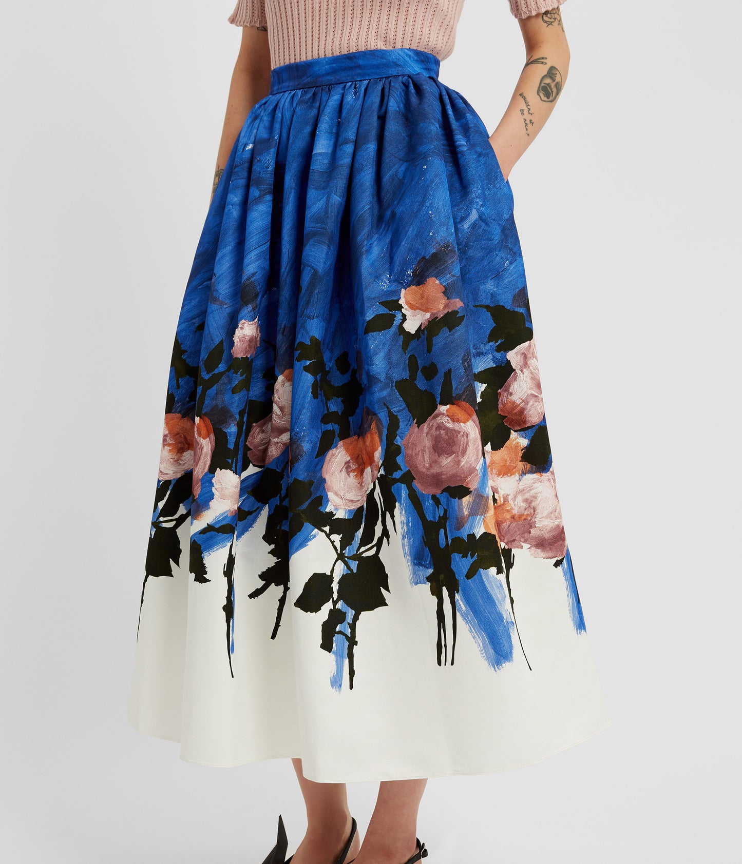 Floral Print Cotton Faille Gathered Midi Skirt