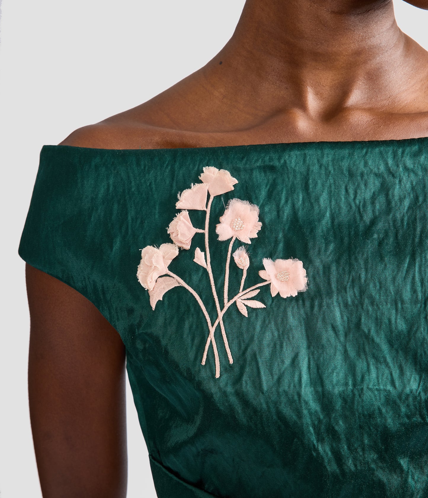 Embroidered Textured Satin Midi Pencil Dress