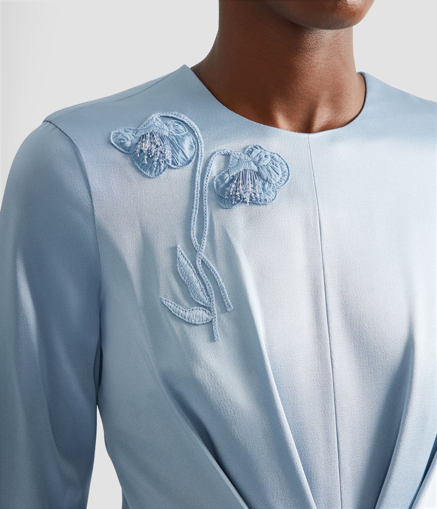 Embroidered Long Sleeve Draped Midi Dress