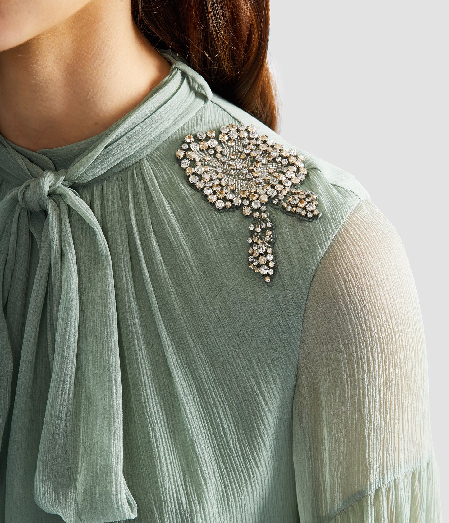 Embellished Silk Creponne Long Sleeve Gown