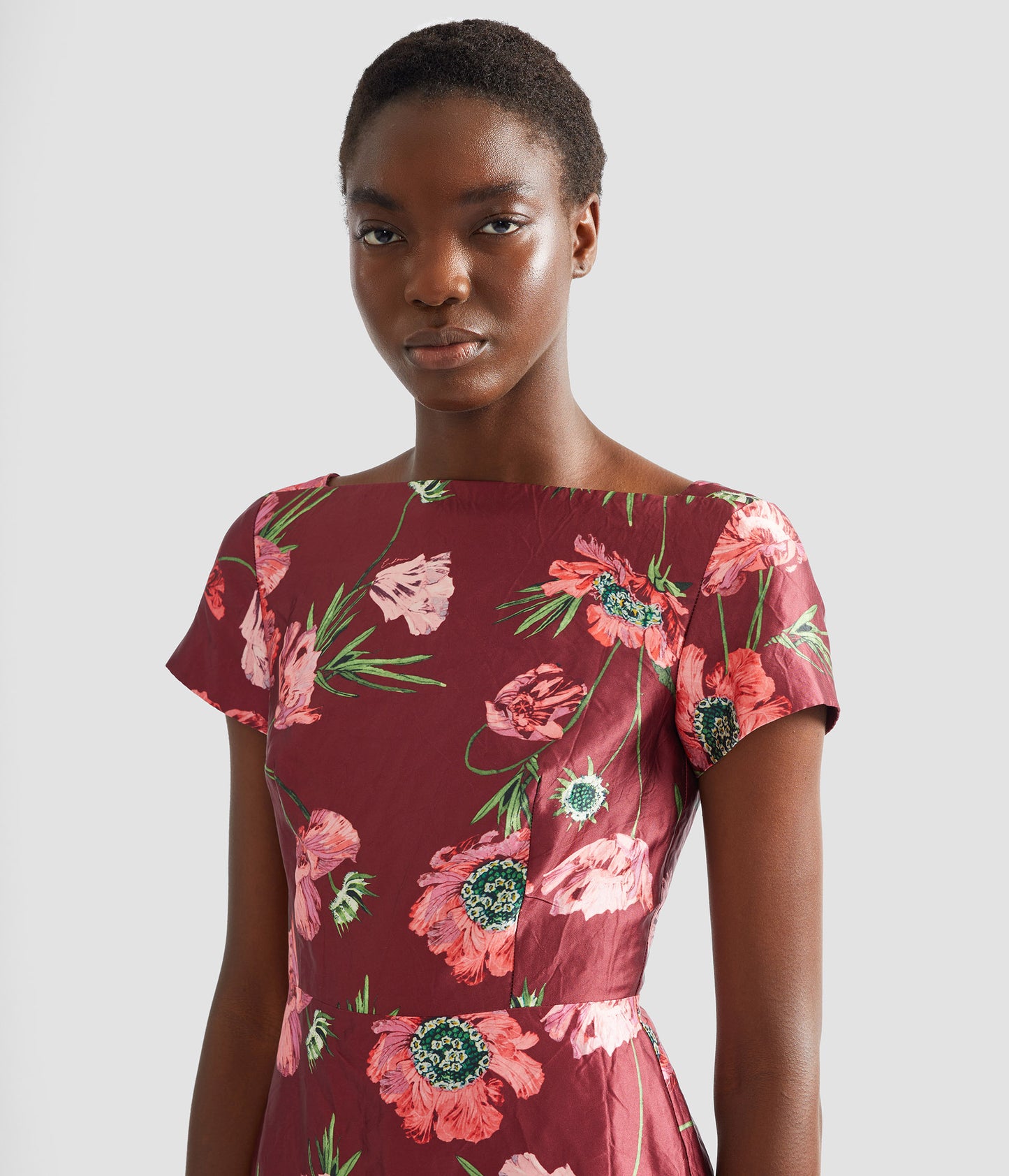 Floral Textured Satin Short Sleeve Gown