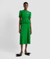 Peplum midi dress in a bright green from designer ERDEM. The dress features a midi skirt, peplum and tulip sleevs with crystal insect brooches around the neckline. 