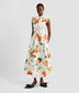 Elegant sleeveless midi dress in heavyweight white cotton poplin with orange and green rose print. The sleevelss midi dress features buttons down the bodice, a stand collar and a ruffles. 