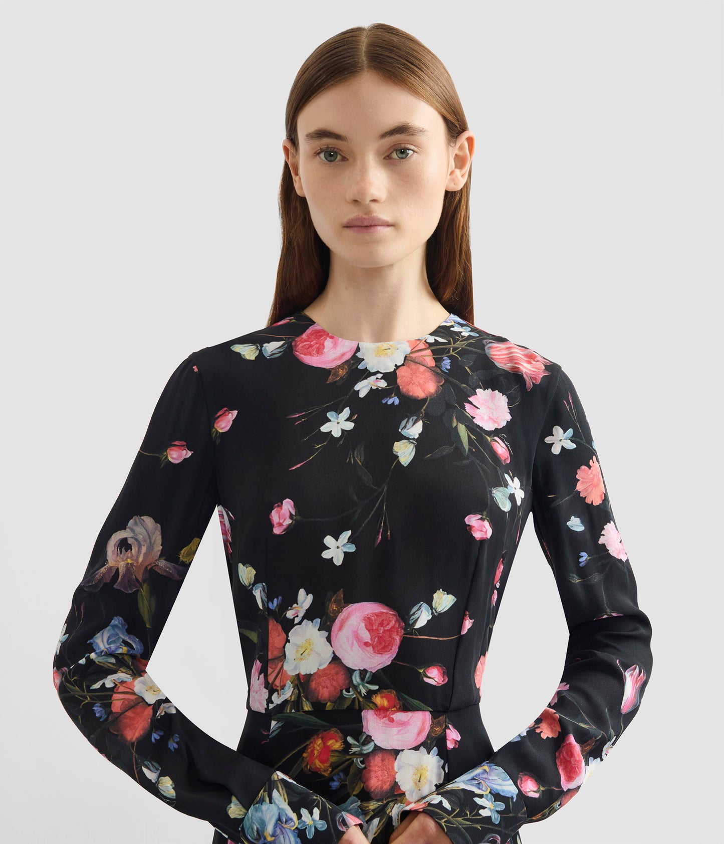 Floral Print Crepe Long Sleeve Midi Dress